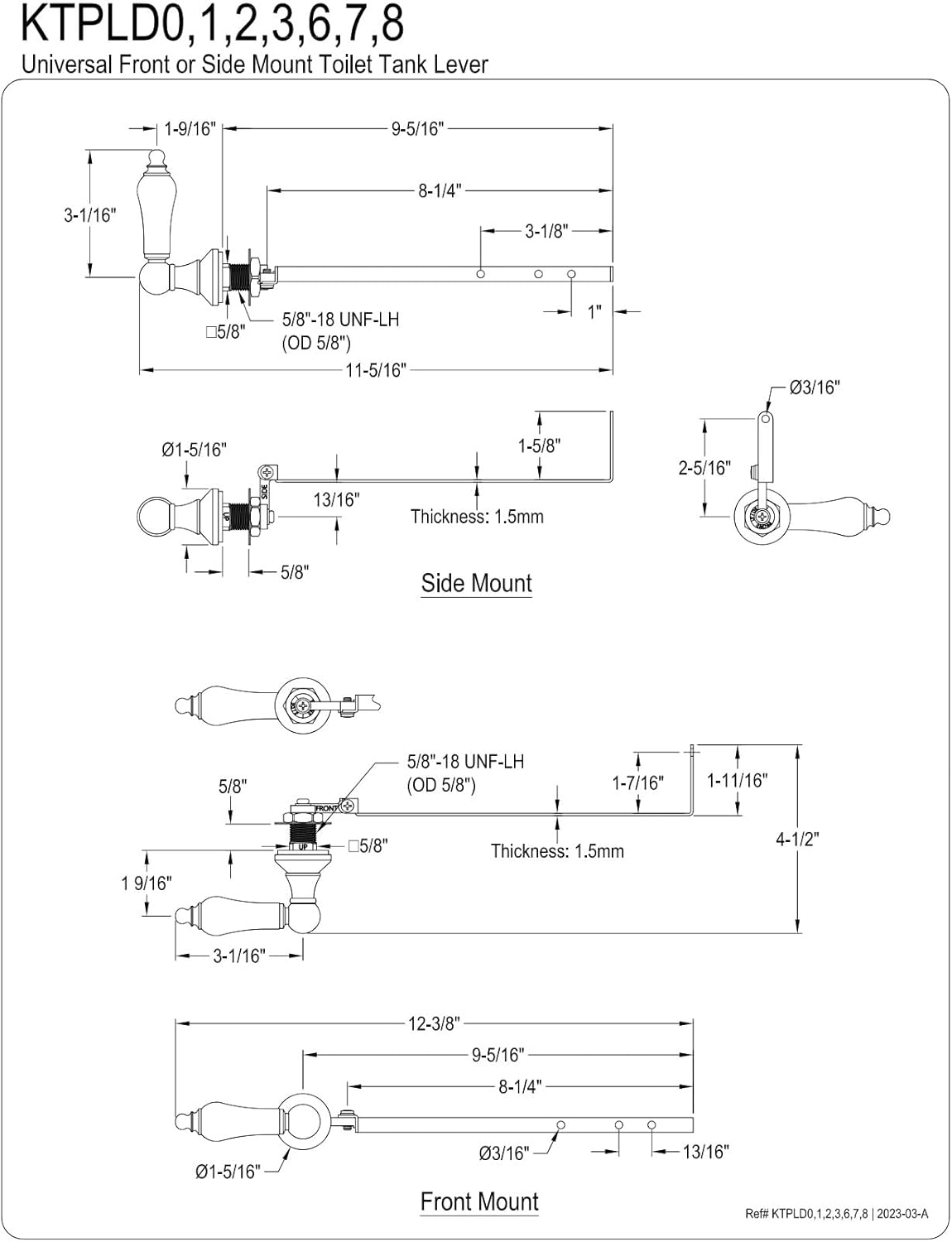 Victorian Brass Toilet Tank Lever 9-516 Flush Arm Front or Side Mount