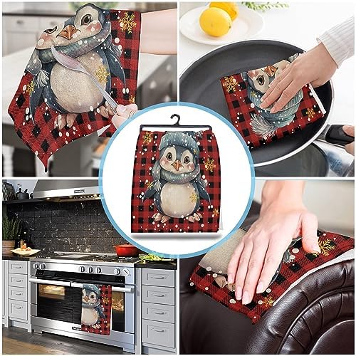 ZOE GARDEN Christmas Plaid Dish Towel Set Penguins Golden Snowflakes Red 18x28 1-PC