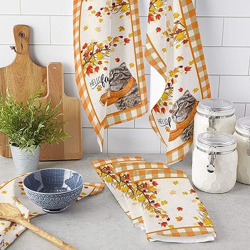 Thanksgiving Kitchen Towels Absorbent Microfiber Dish Towels with Fall Leaves Plaid Design
