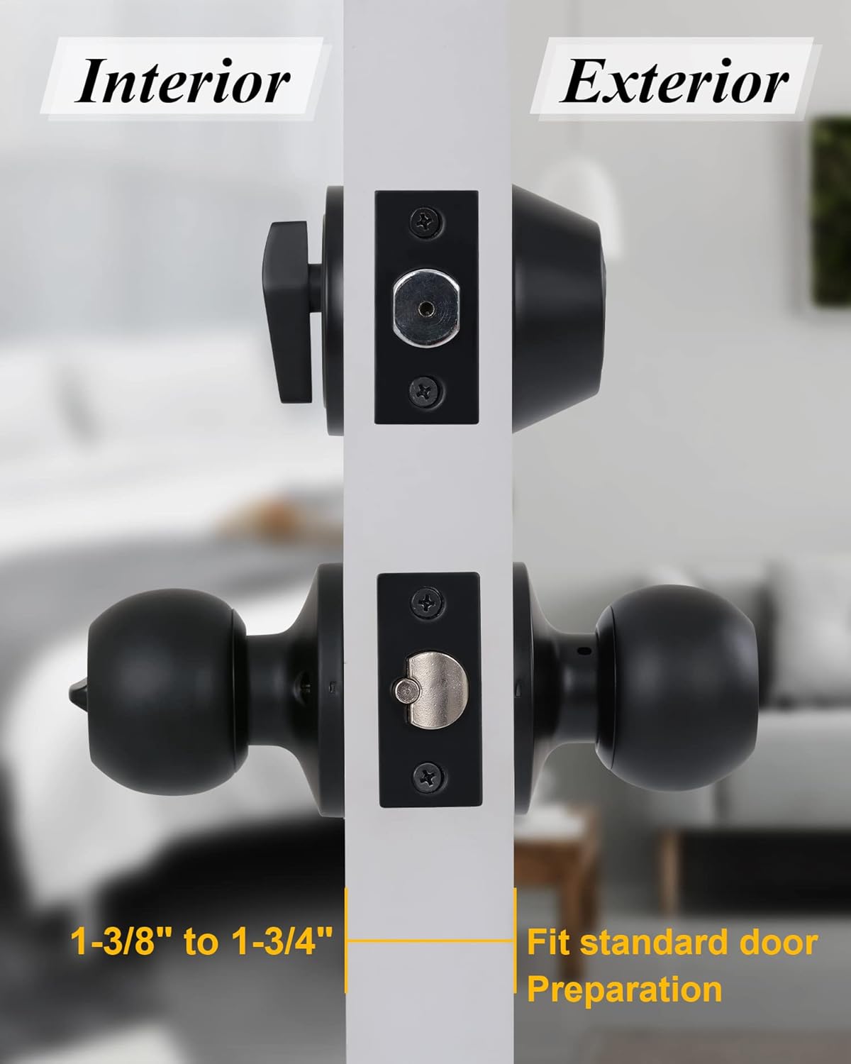 Entry Door Lock Set 4 Knobs 1 Deadbolt Matte Black Durable for Exterior Use