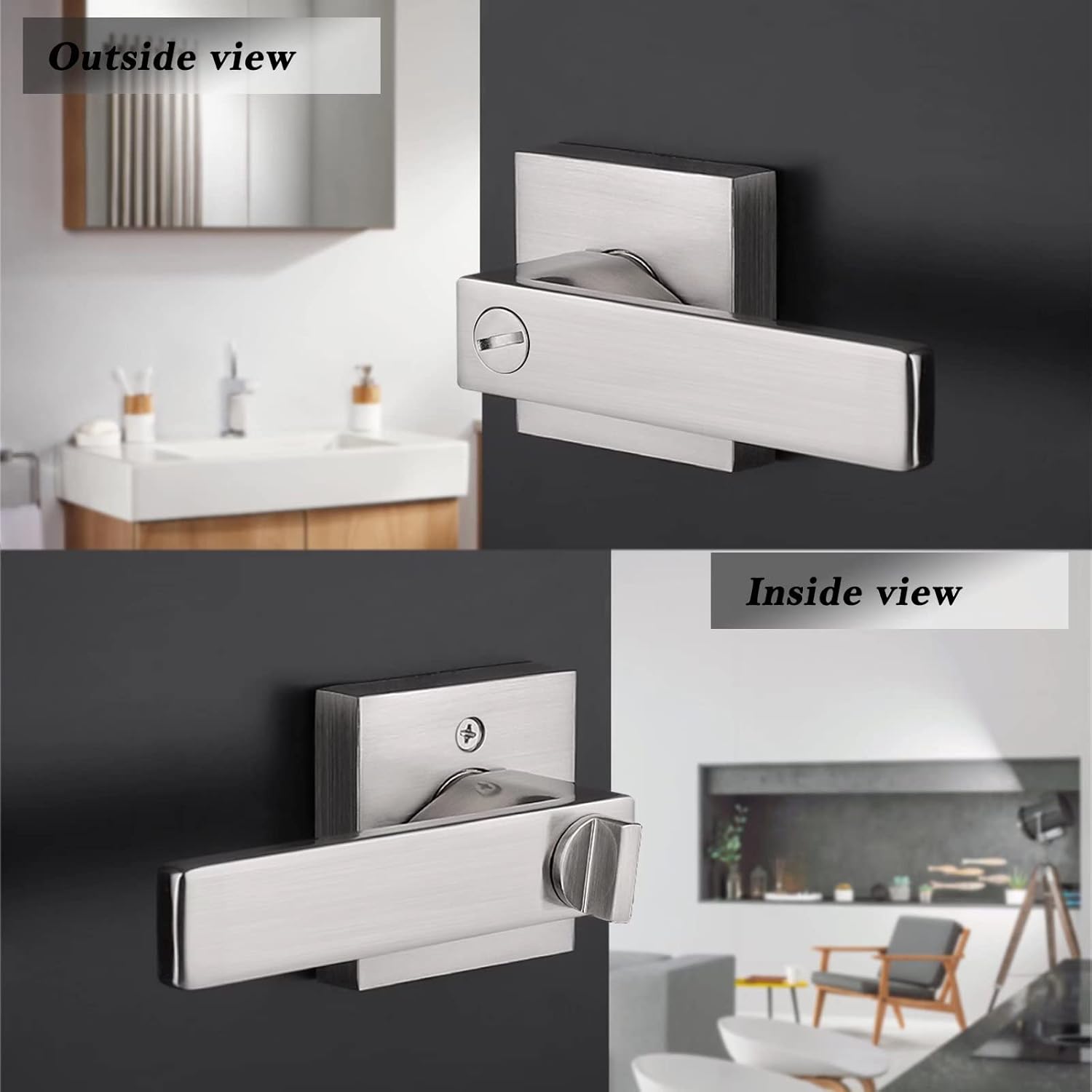 Probrico Privacy Door Lock Set 2-Pack No-Key Square Door Levers Room Bathroom Set SATIN NICKEll
