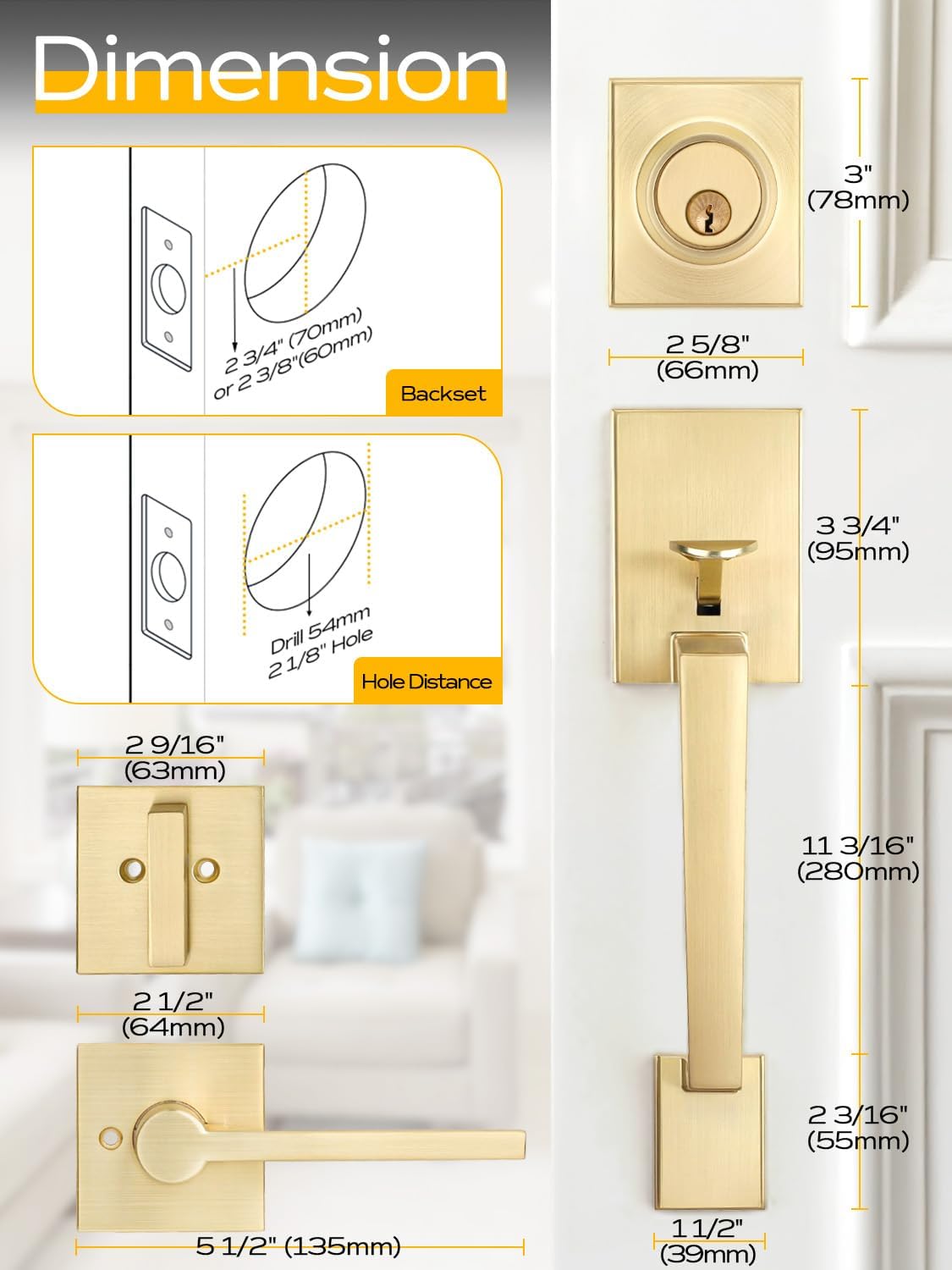 EHOMEWARE Gold Front Door Handle Set - Brass Heavy Duty Single Cylinder Deadbolt Combo