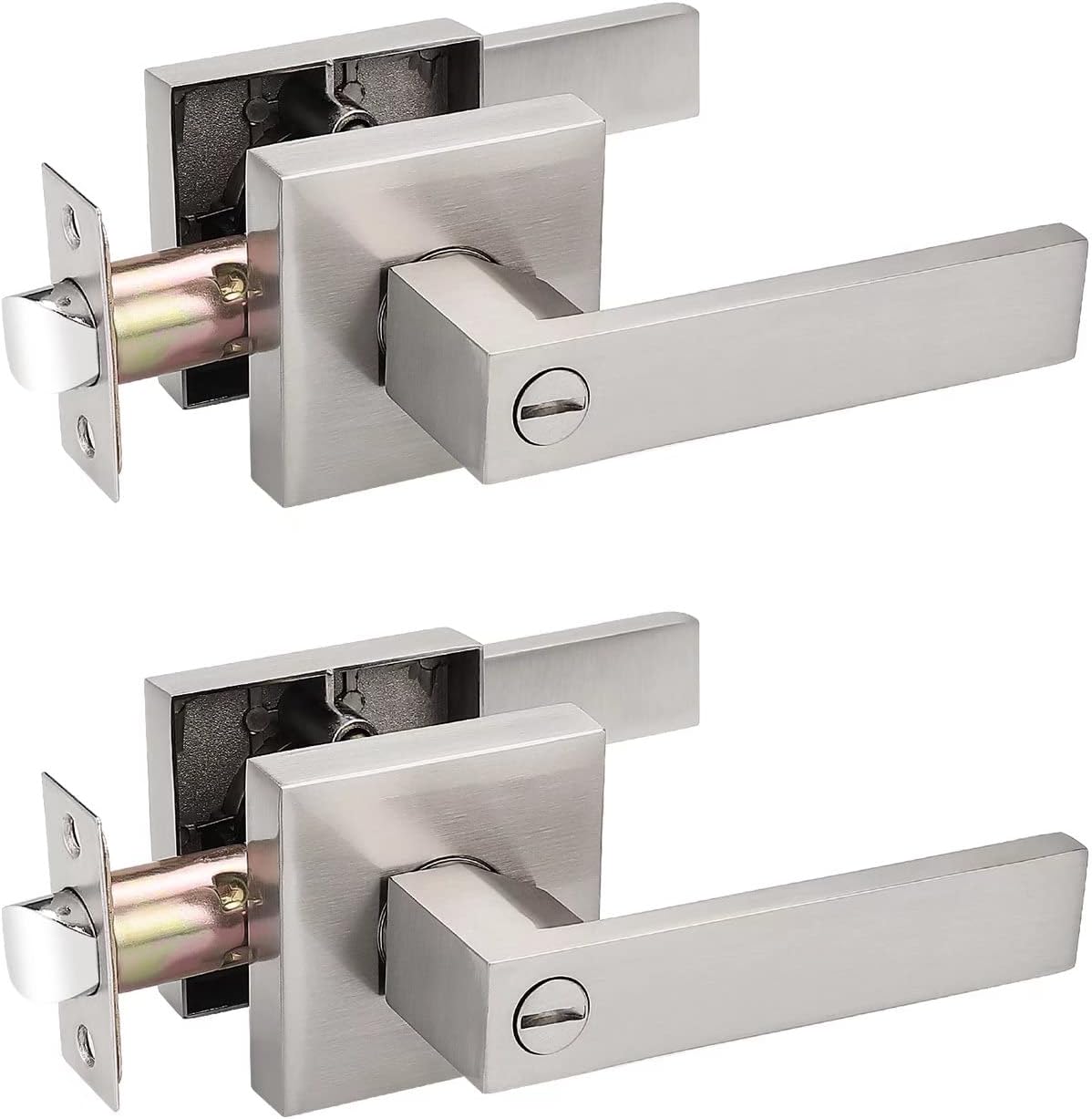 Probrico Privacy Door Lock Set 2-Pack No-Key Square Door Levers Room Bathroom Set SATIN NICKEll