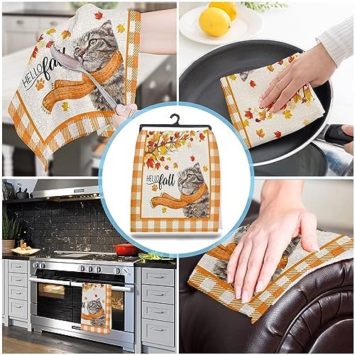 Thanksgiving Kitchen Towels Absorbent Microfiber Dish Towels with Fall Leaves Plaid Design