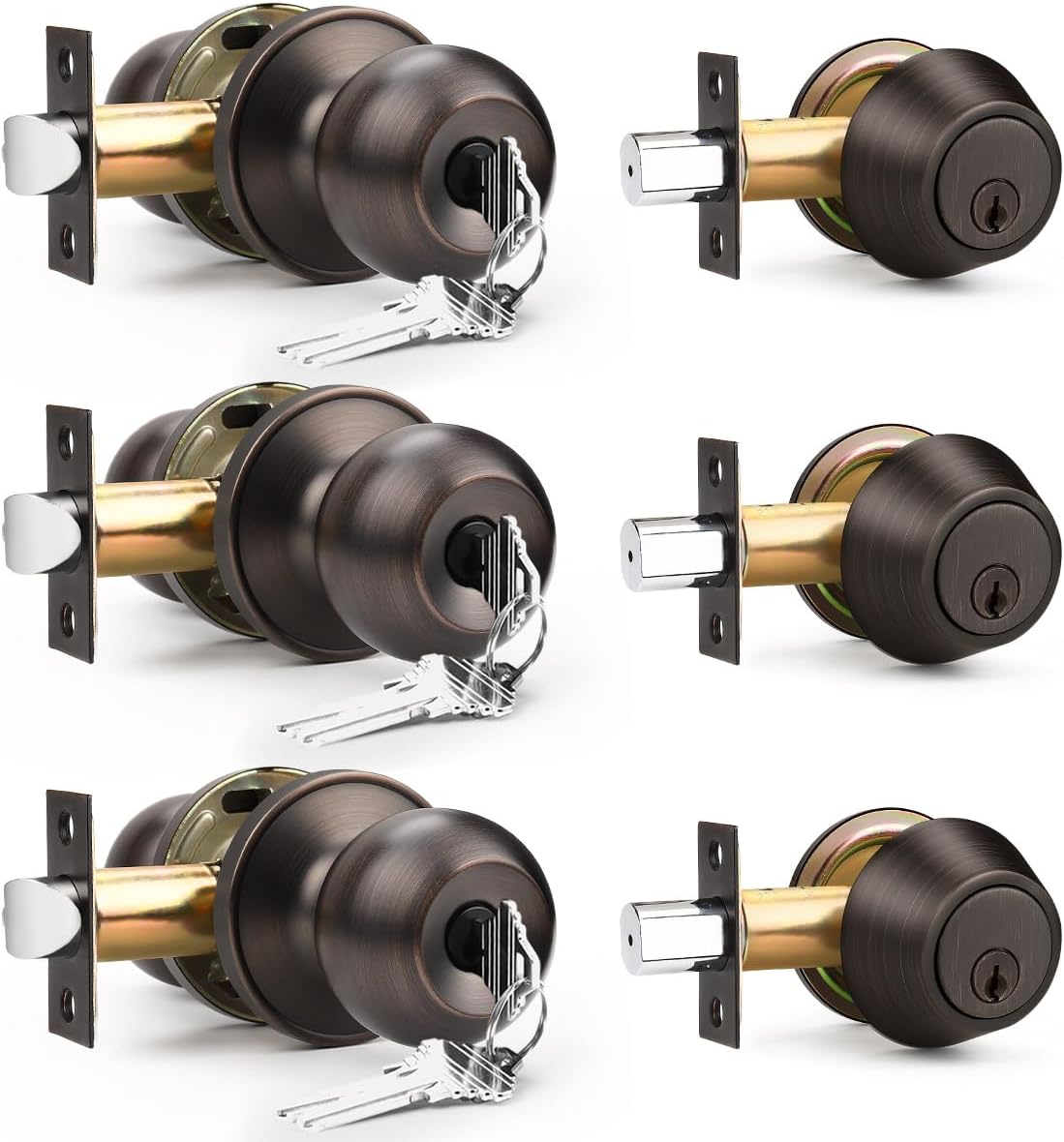 Brotima Entry Door Lockset 3-Piece Oil Rubbed Bronze Deadbolt Set With Keyed Knobs