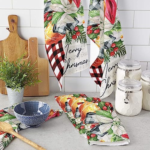 festive Christmas Kitchen Towels - Red Flower Pine Buffalo Plaid - Quick-Dry Microfiber Sets 4-Piece 18x28