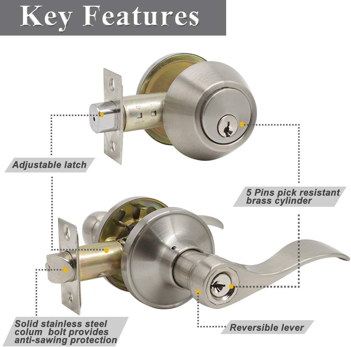 Probrico Drop Style Entry Door Handle Set with Satin Nickel_finish Keyed Alike for Modern Doors