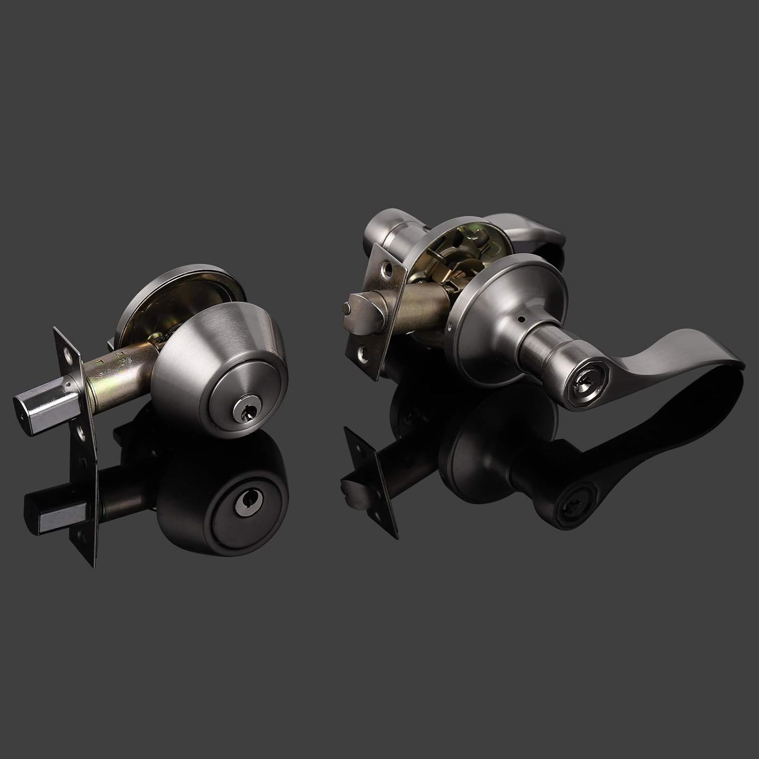 Probrico Drop Style Entry Door Handle Set with Satin Nickel_finish Keyed Alike for Modern Doors