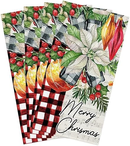 festive Christmas Kitchen Towels - Red Flower Pine Buffalo Plaid - Quick-Dry Microfiber Sets 4-Piece 18x28