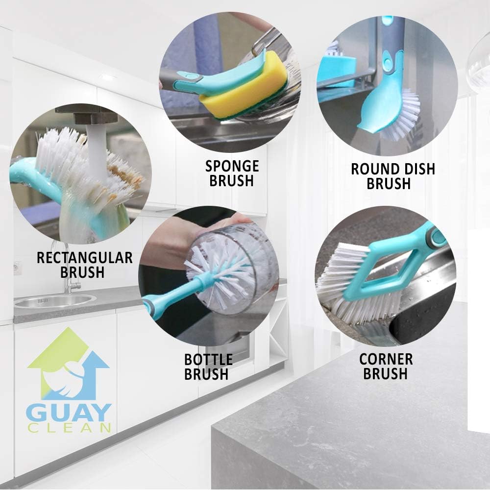 Guay Clean Kitchen Dish Brush Set - 4pc Includes Bottle Rectangular Round Corner Brushes and Bonus Scrub Sponge