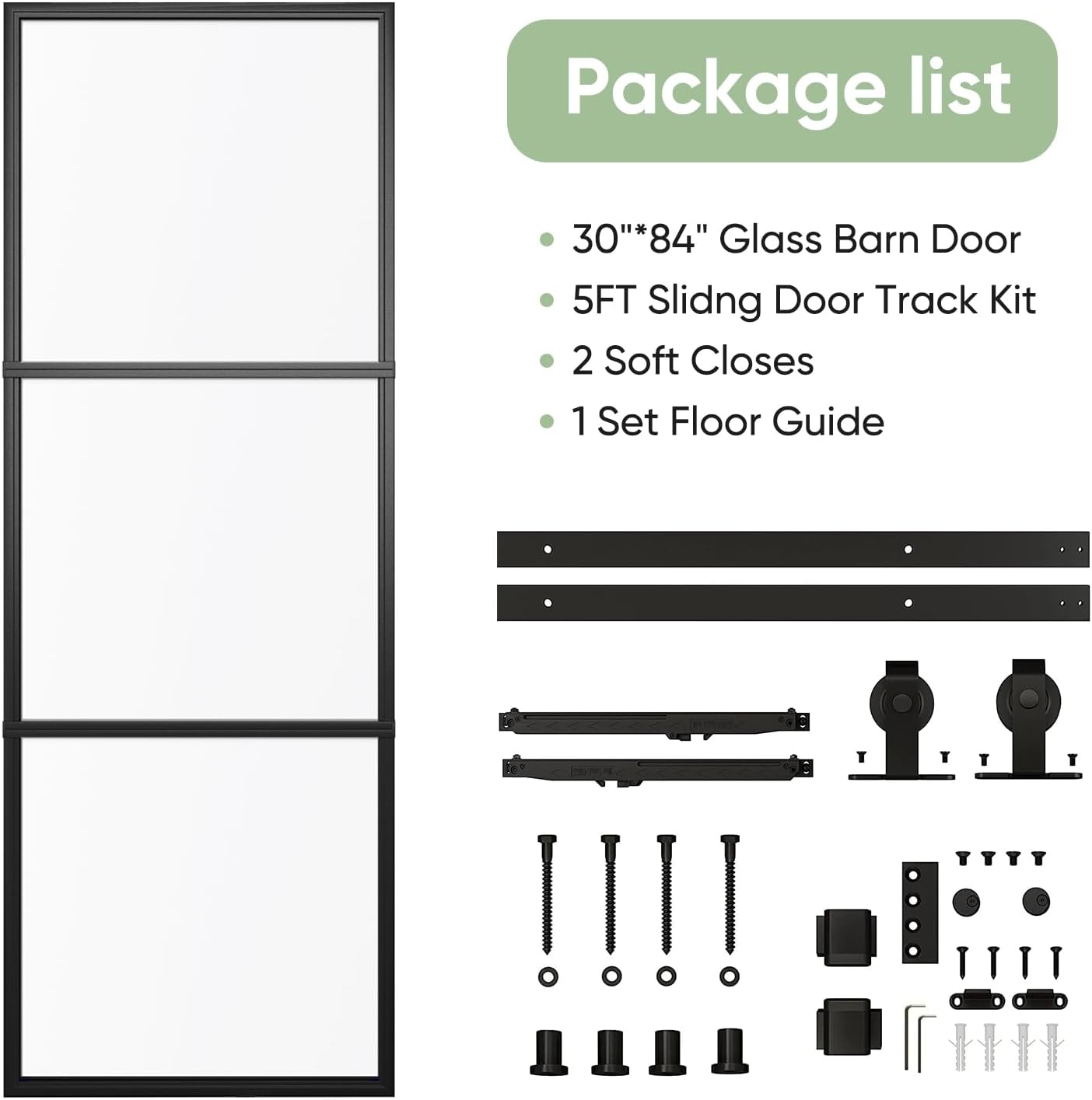 Barnsmith 30in x 84in Black Tempered Frosted Glass Sliding Door with Soft Close Easy to Install