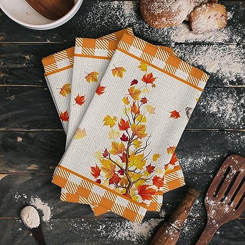 Thanksgiving Kitchen Towels Absorbent Microfiber Dish Towels with Fall Leaves Plaid Design