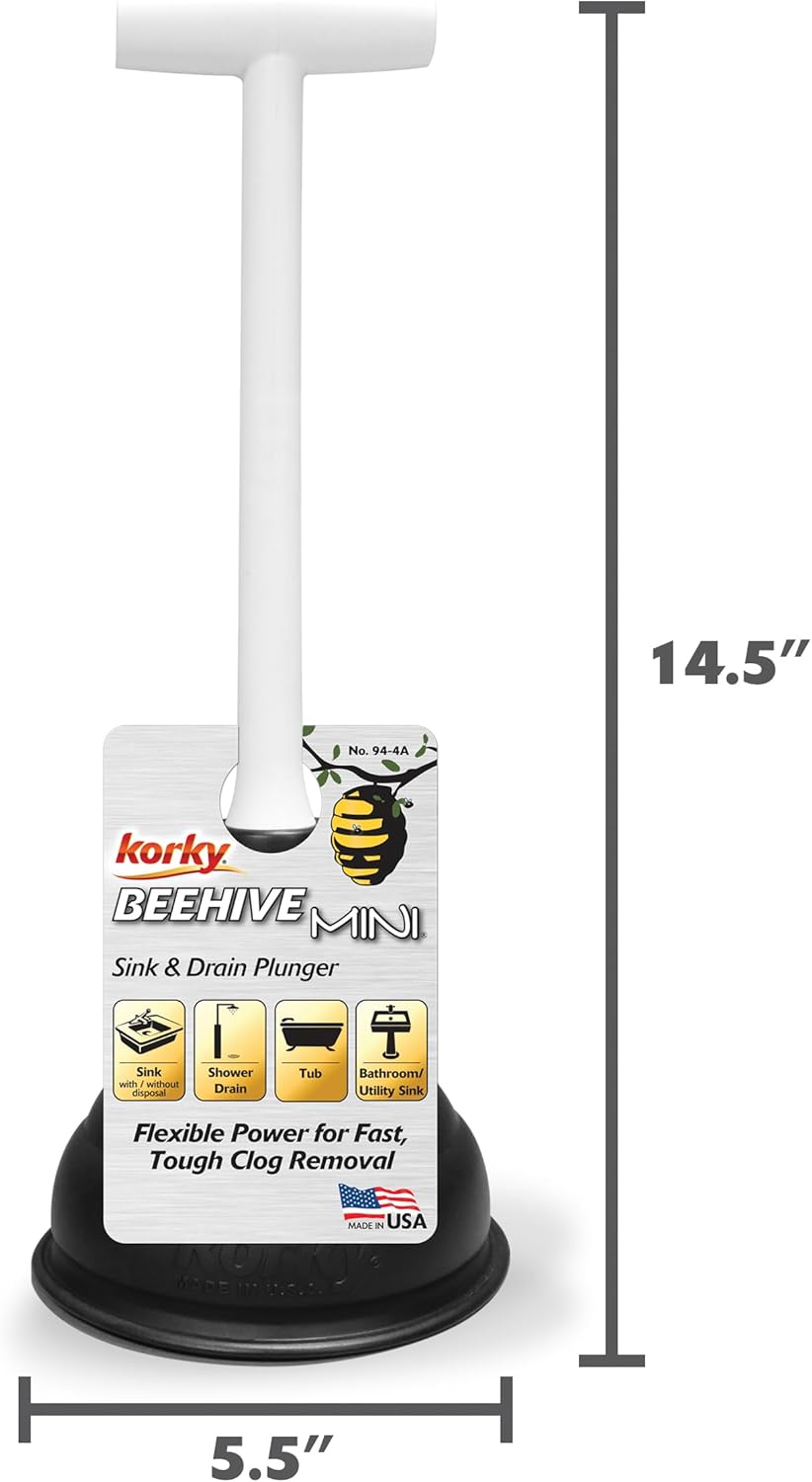Korky Beehive Mini Sink Drain Plunger - Effortlessly Eliminate Clogs in Sinks Showers and Kitchens