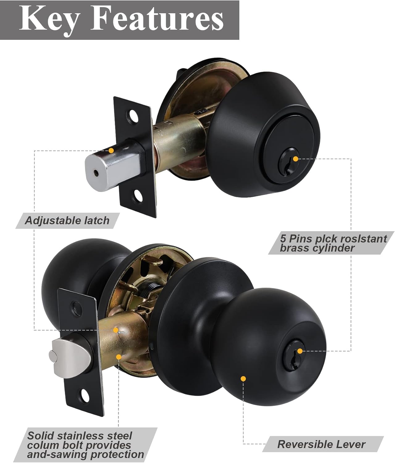 Entry Door Lock Set 4 Knobs 1 Deadbolt Matte Black Durable for Exterior Use