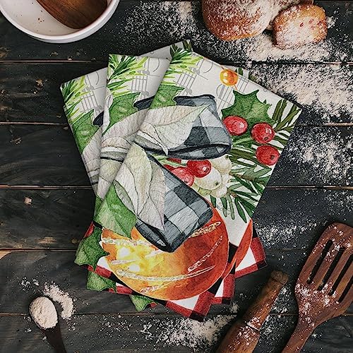 festive Christmas Kitchen Towels - Red Flower Pine Buffalo Plaid - Quick-Dry Microfiber Sets 4-Piece 18x28