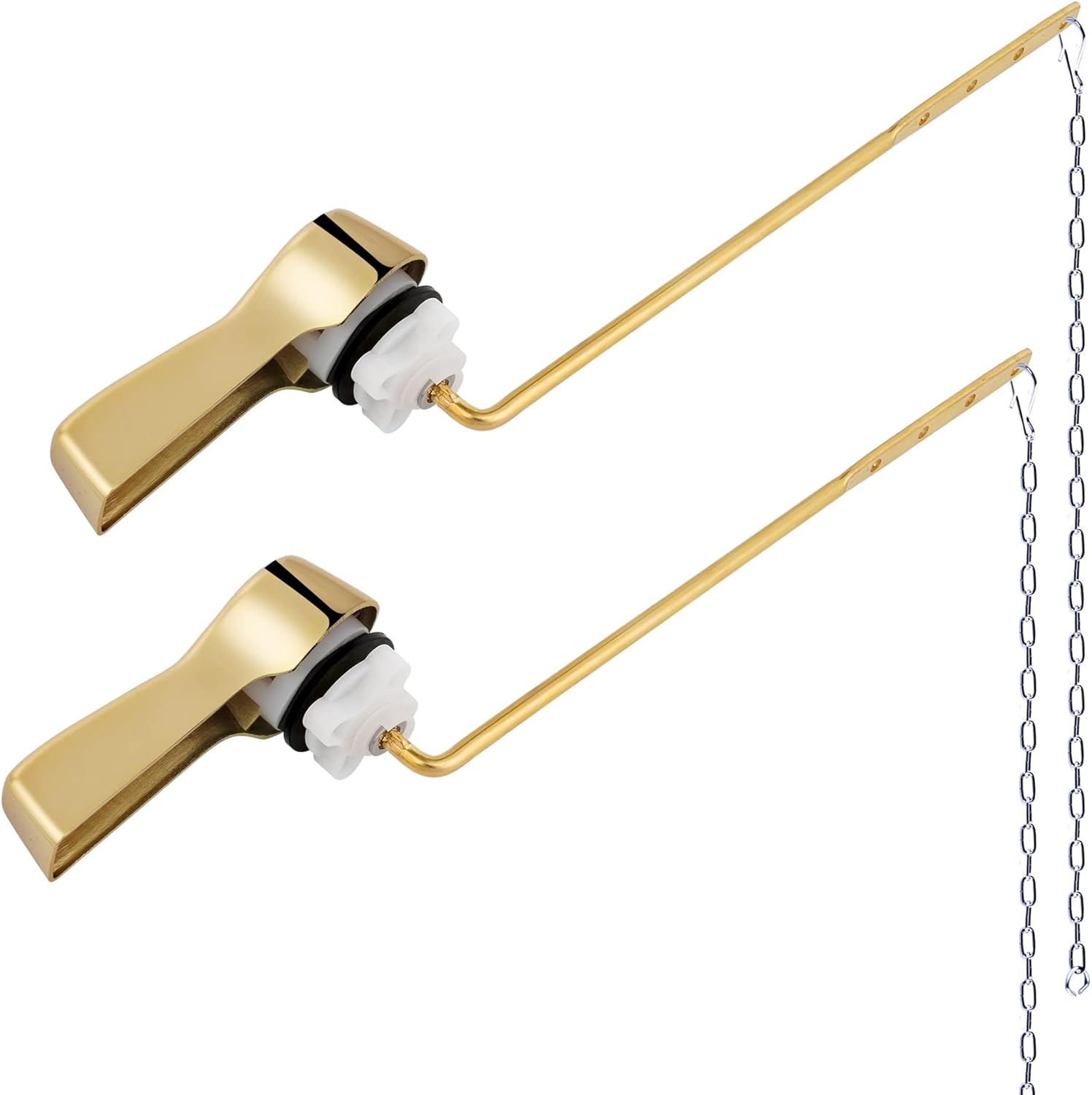 Hibbent 2-Pack Front Mount Toilet Flush Lever Set with 2-Piece Stainless Steel Flapper Chains Shiny Gold Finish