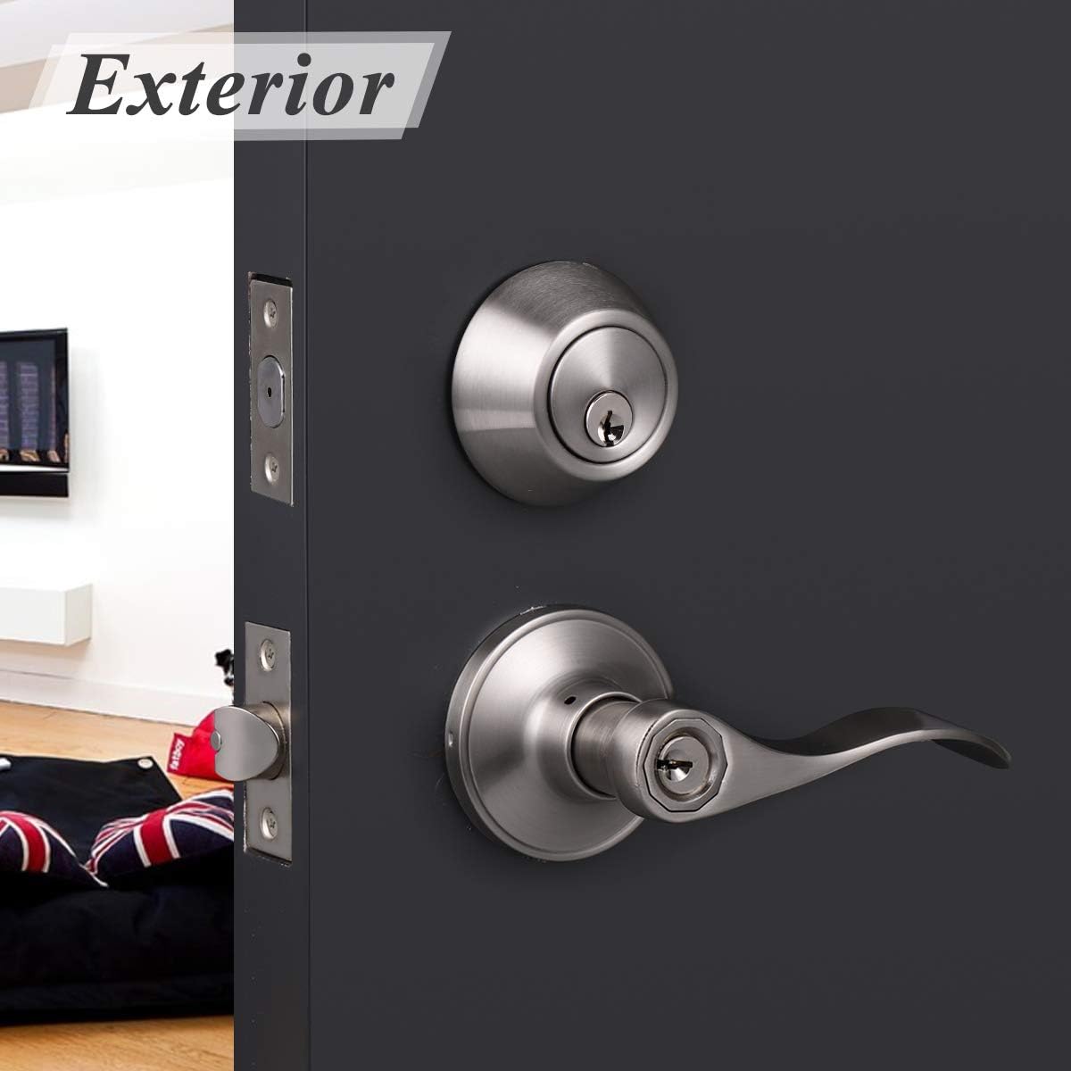 Probrico Drop Style Entry Door Handle Set with Satin Nickel_finish Keyed Alike for Modern Doors