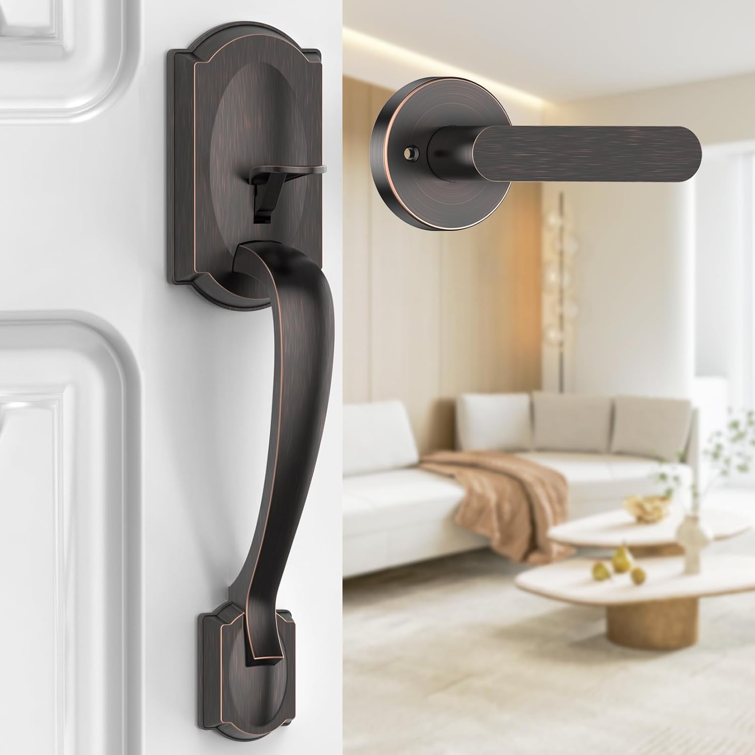 CalzibenoFront Door Handle Set Oil Rubbed Bronze Front Door Handle Set Easy Install Durable Stylish Door Handles
