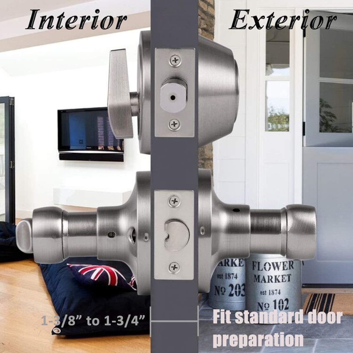 Probrico Drop Style Entry Door Handle Set with Satin Nickel_finish Keyed Alike for Modern Doors