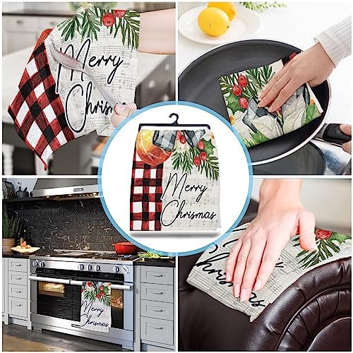 festive Christmas Kitchen Towels - Red Flower Pine Buffalo Plaid - Quick-Dry Microfiber Sets 4-Piece 18x28