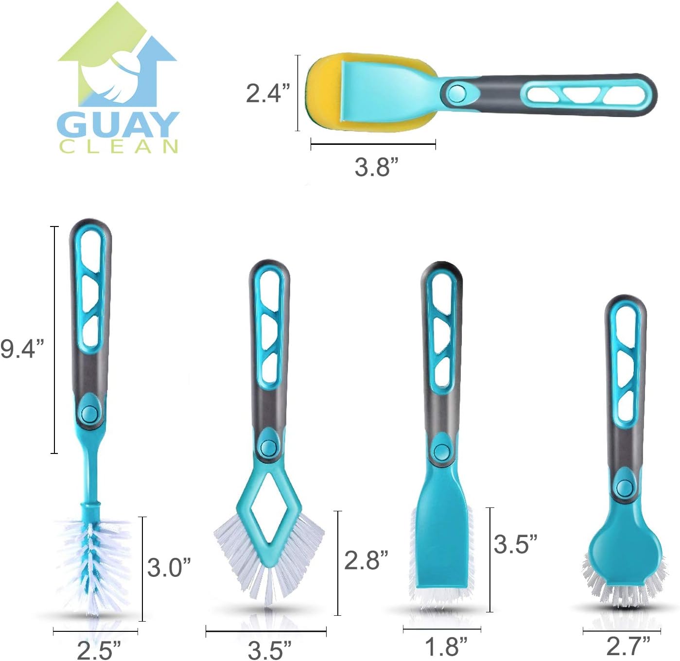 Guay Clean Kitchen Dish Brush Set - 4pc Includes Bottle Rectangular Round Corner Brushes and Bonus Scrub Sponge