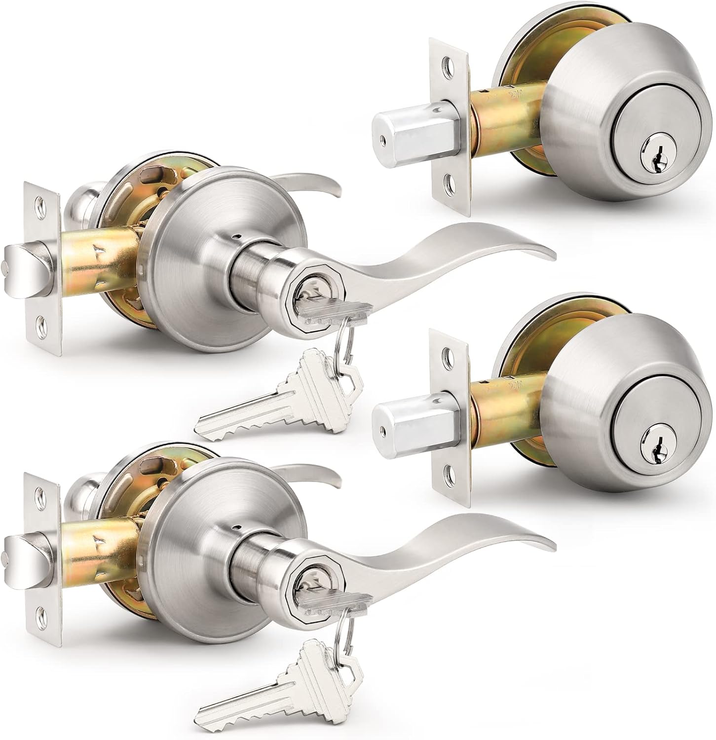 Probrico Drop Style Entry Door Handle Set with Satin Nickel_finish Keyed Alike for Modern Doors