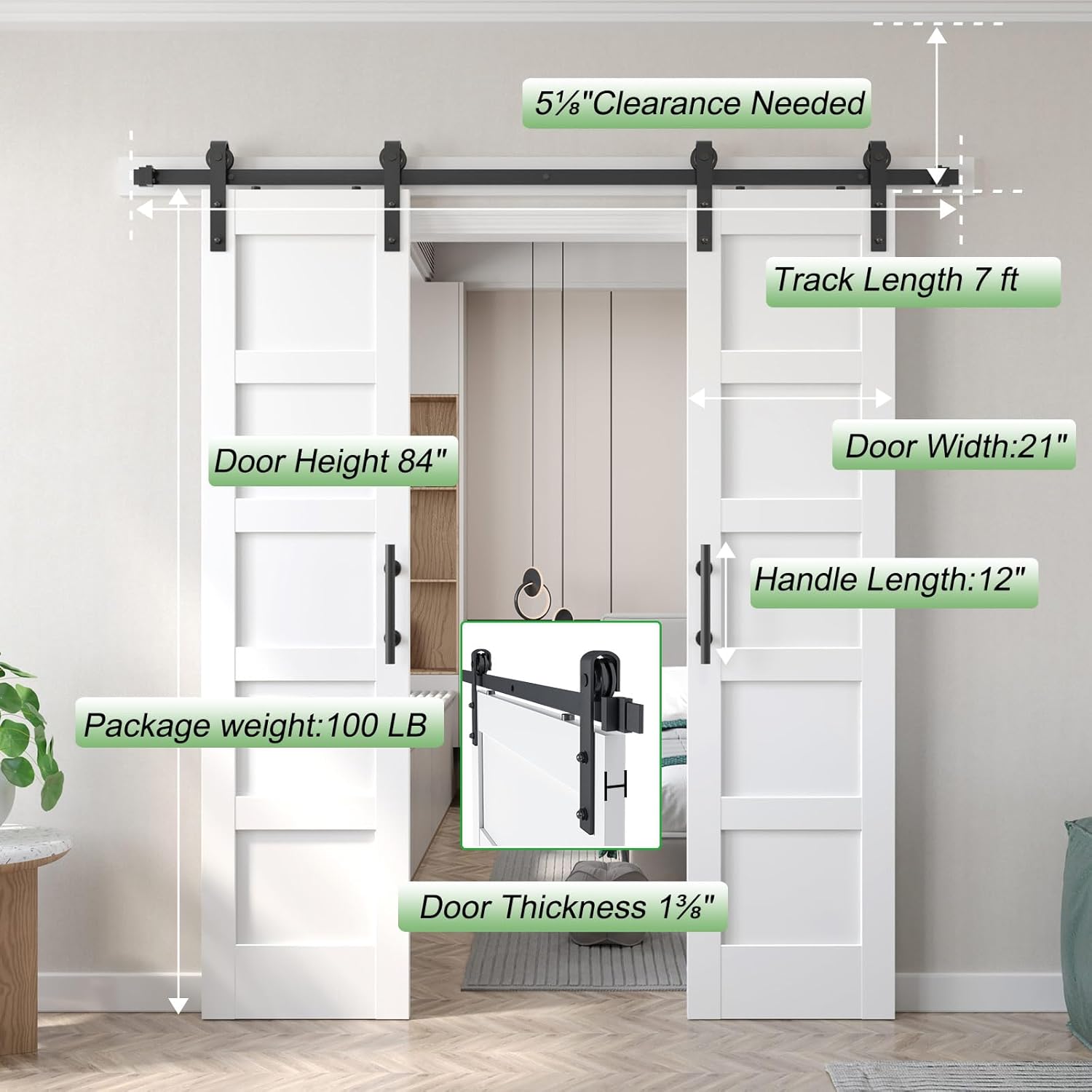 FREDBECK Double 21inx84in White Barn Door and 7FT Sliding Barn Door Hardware Kit