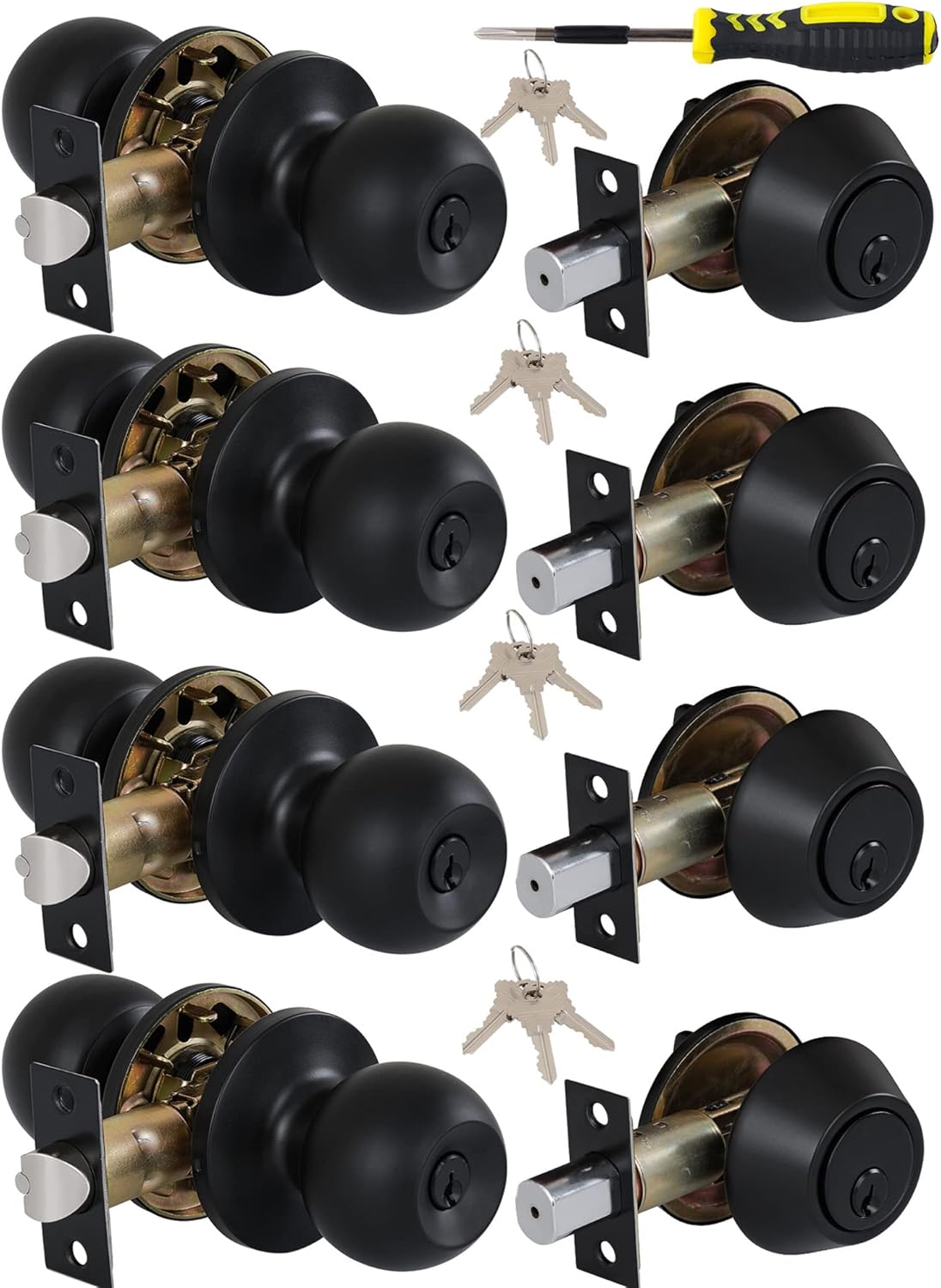 Entry Door Lock Set 4 Knobs 1 Deadbolt Matte Black Durable for Exterior Use