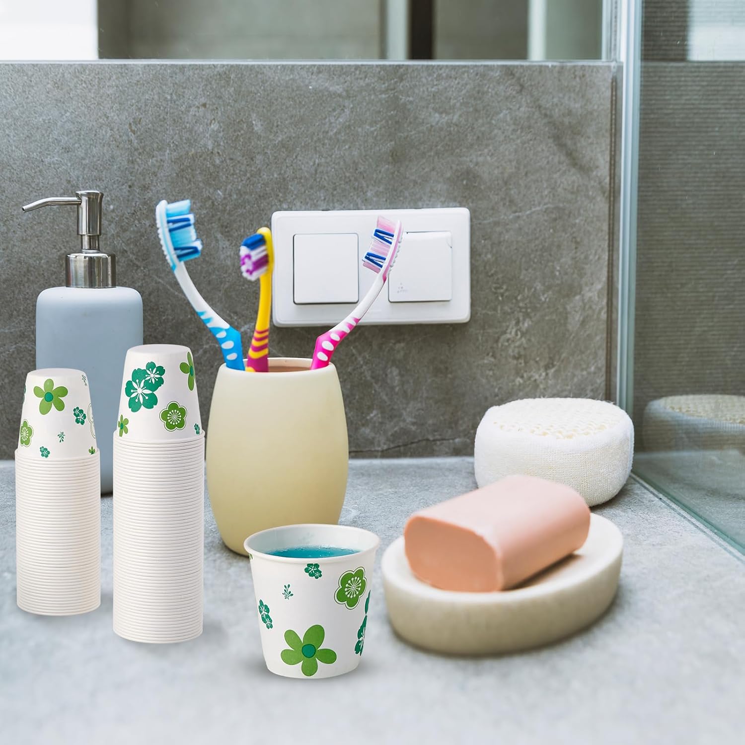 JOLLY PARTY 600 Pack 3oz Disposable Bathroom Cups Green Floral Design Perfect for Parties Events