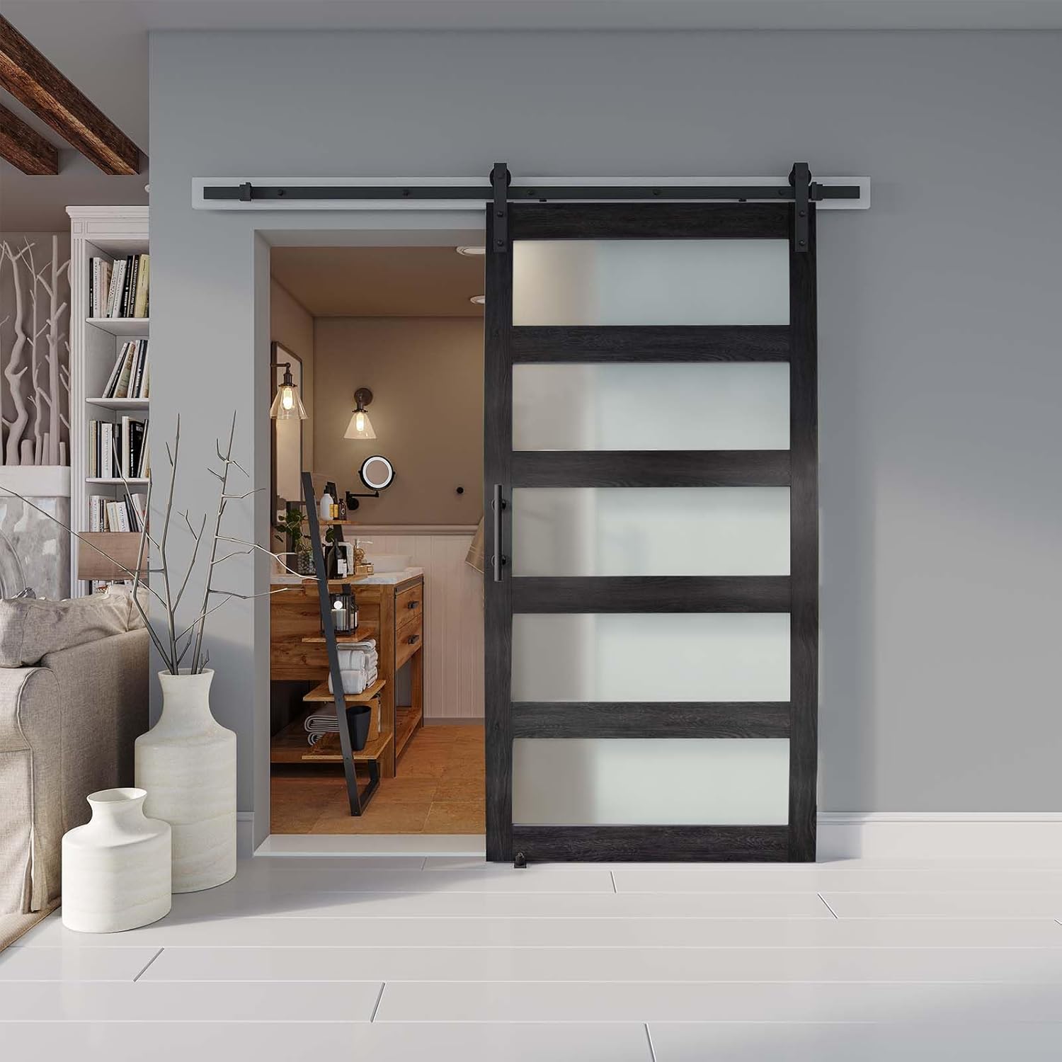 Alamedad 42x84 MDF White Barn Door with Frosted Glass and Handle Easy to Install