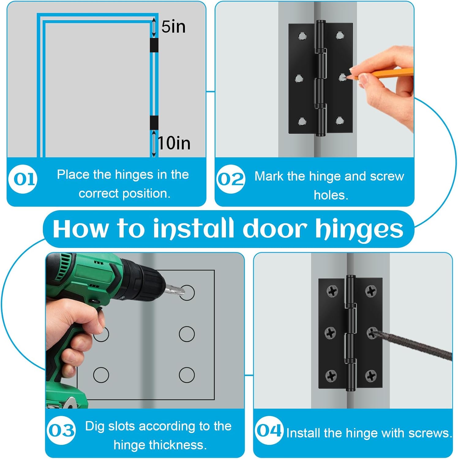 4-Pack Black Door Hinges Stainless Steel Folding Door Hinges Black Matte