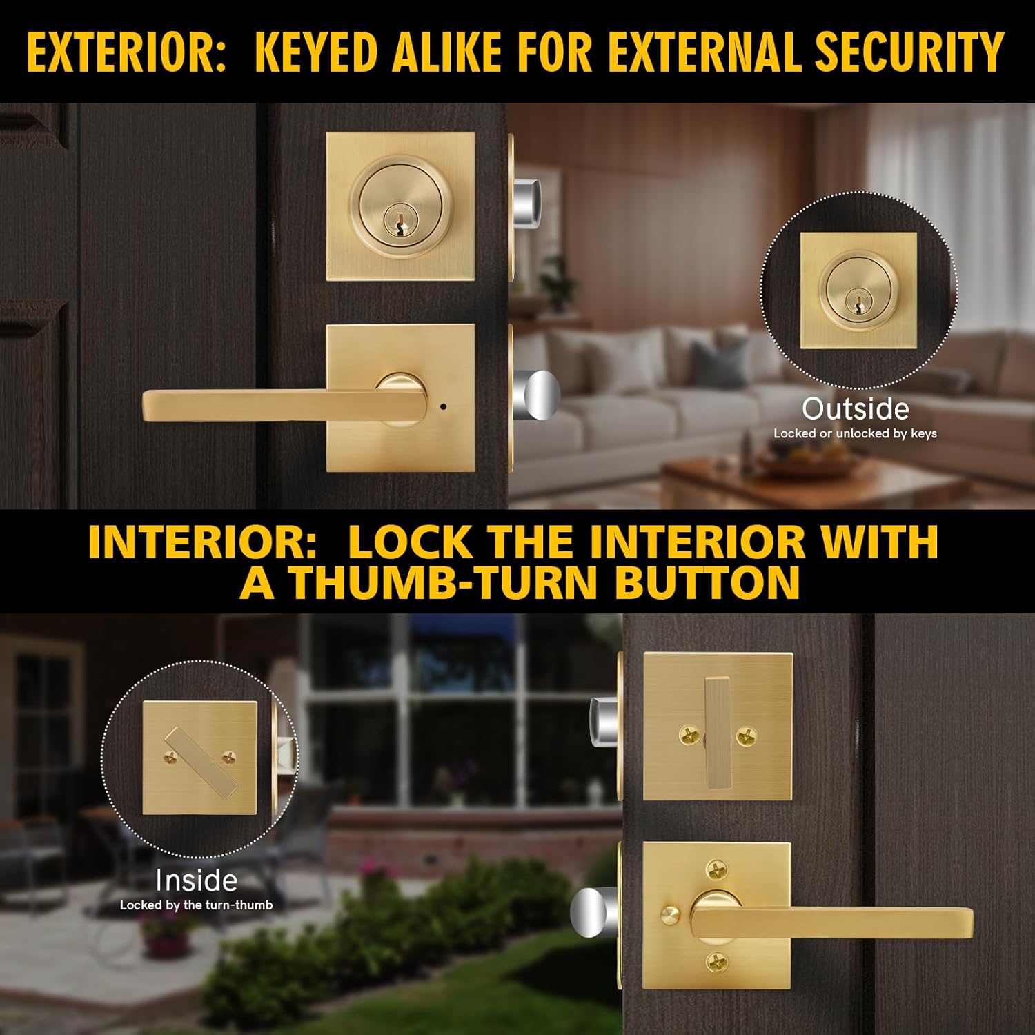 Cielsa DawnGold Heavy Duty Privacy Lever Door Handle and Single Cylinder Deadbolt Lock Set Easy Install 1-Year Warranty