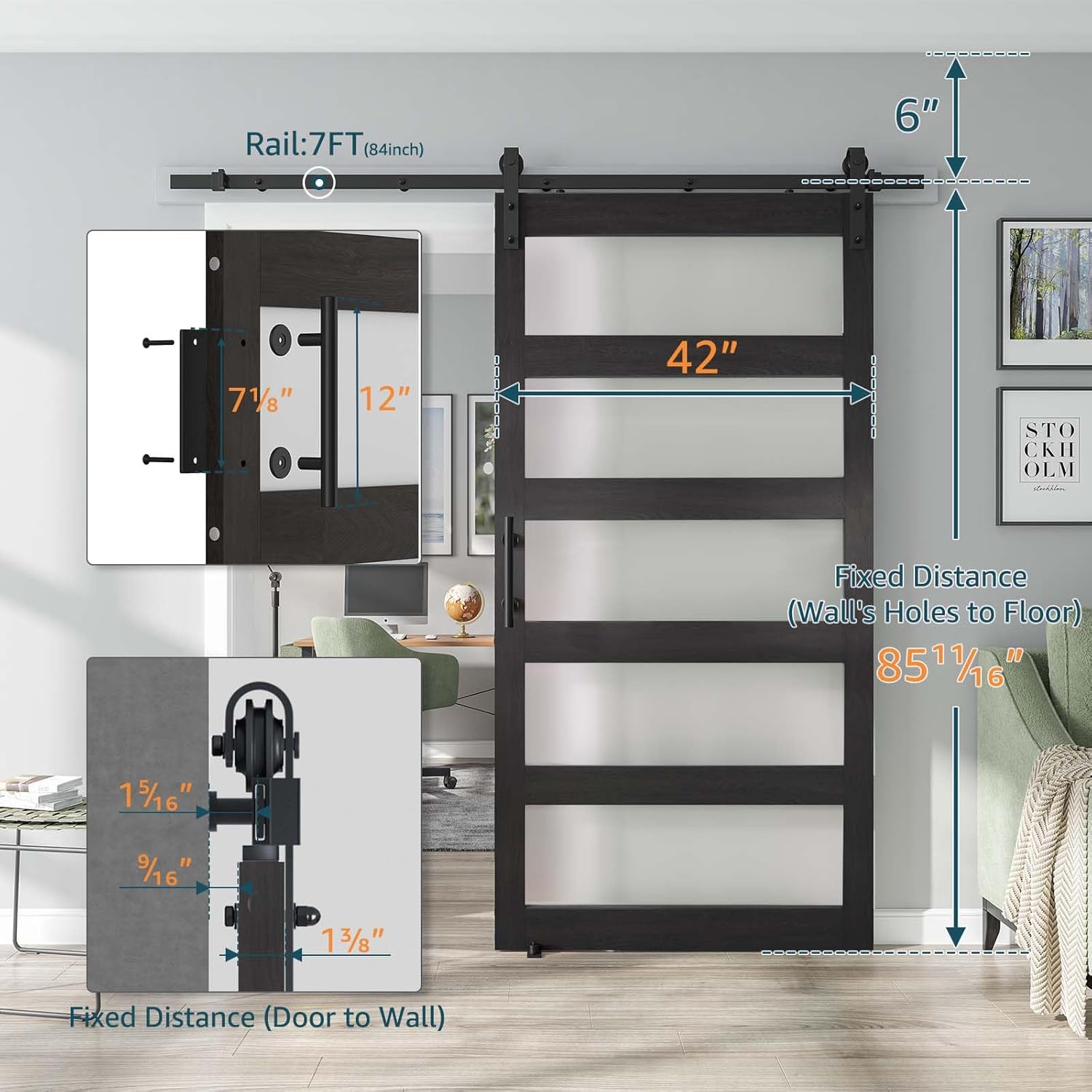 Alamedad 42x84 MDF White Barn Door with Frosted Glass and Handle Easy to Install