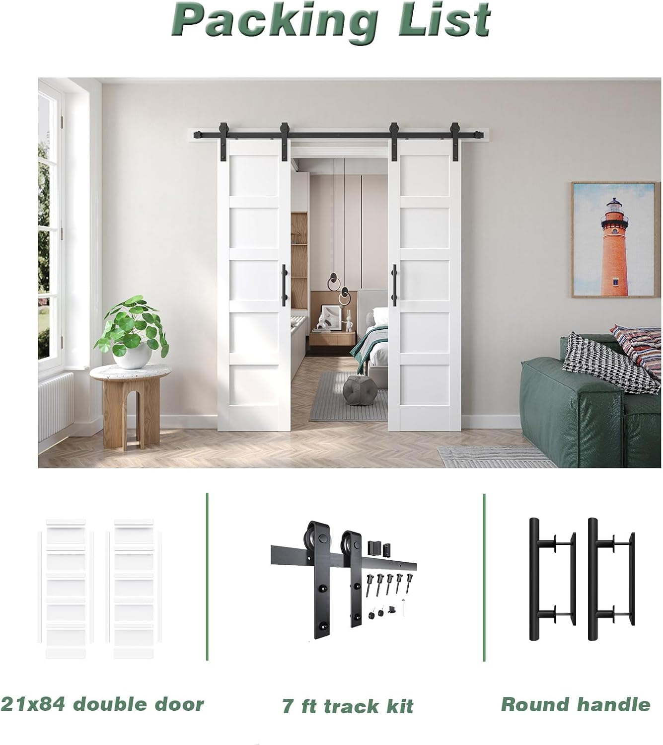 FREDBECK Double 21inx84in White Barn Door and 7FT Sliding Barn Door Hardware Kit