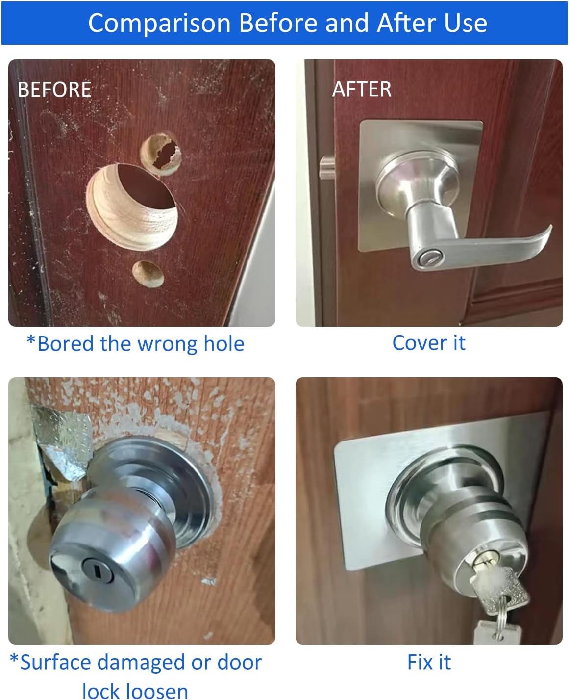 MOSECYOU Door Repair Kit Stainless Steel Door Reinforcement for Knobs Deadbolts Set of 4