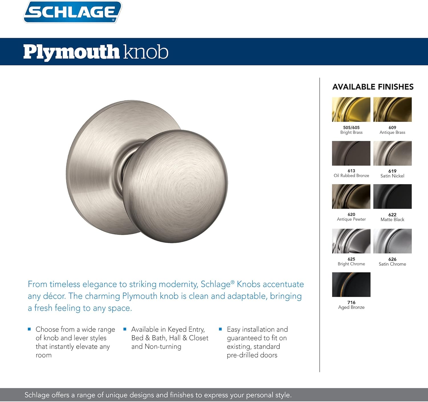 Precut Door knob Non-Turning Dummy Door Handle - Plymouth Style Bright Brass Schlage F170 PLY 605