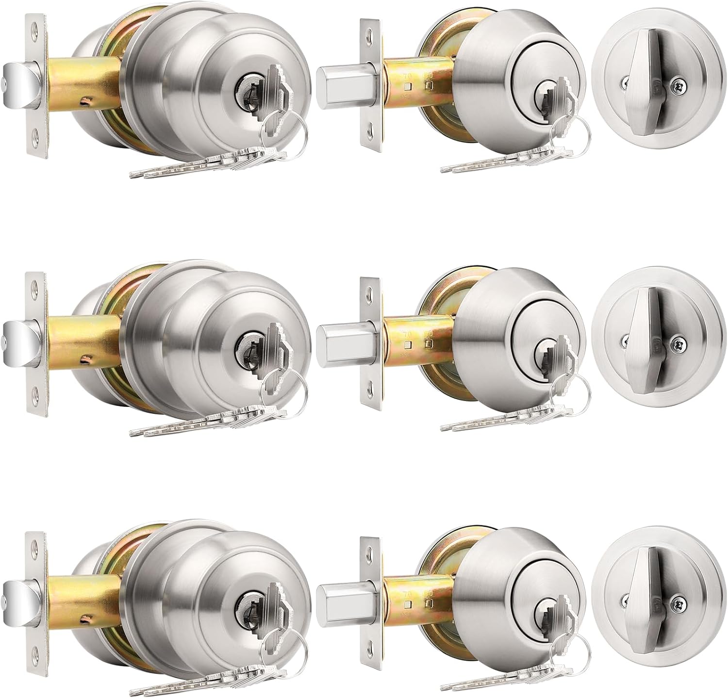 3-Pack Probrico Entry Door Knob Lock Set with Deadbolt SATIN Nickel Identical Keys