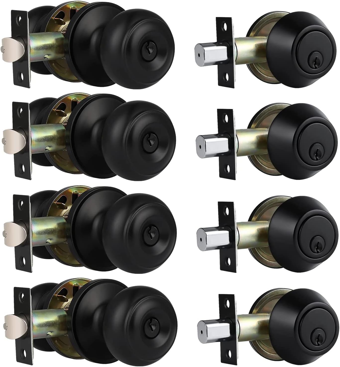 Sturdy 4-Pack Keyed Alike Entry Door Knobs with Single Cylinder Deadbolt Set for Exterior Security