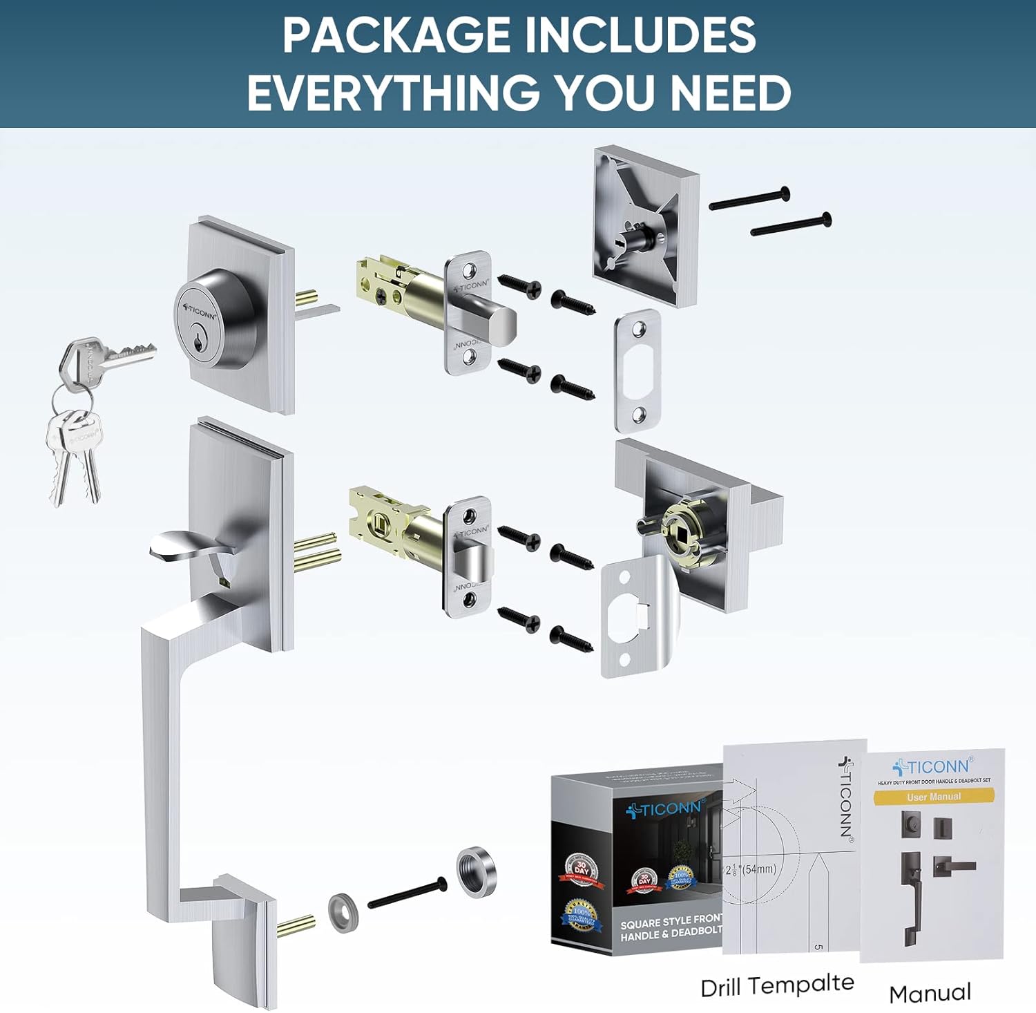 Ticonn Front Door Door Handle Set - Heavy Duty Door Lever and Single Cylinder Deadbolt Combo