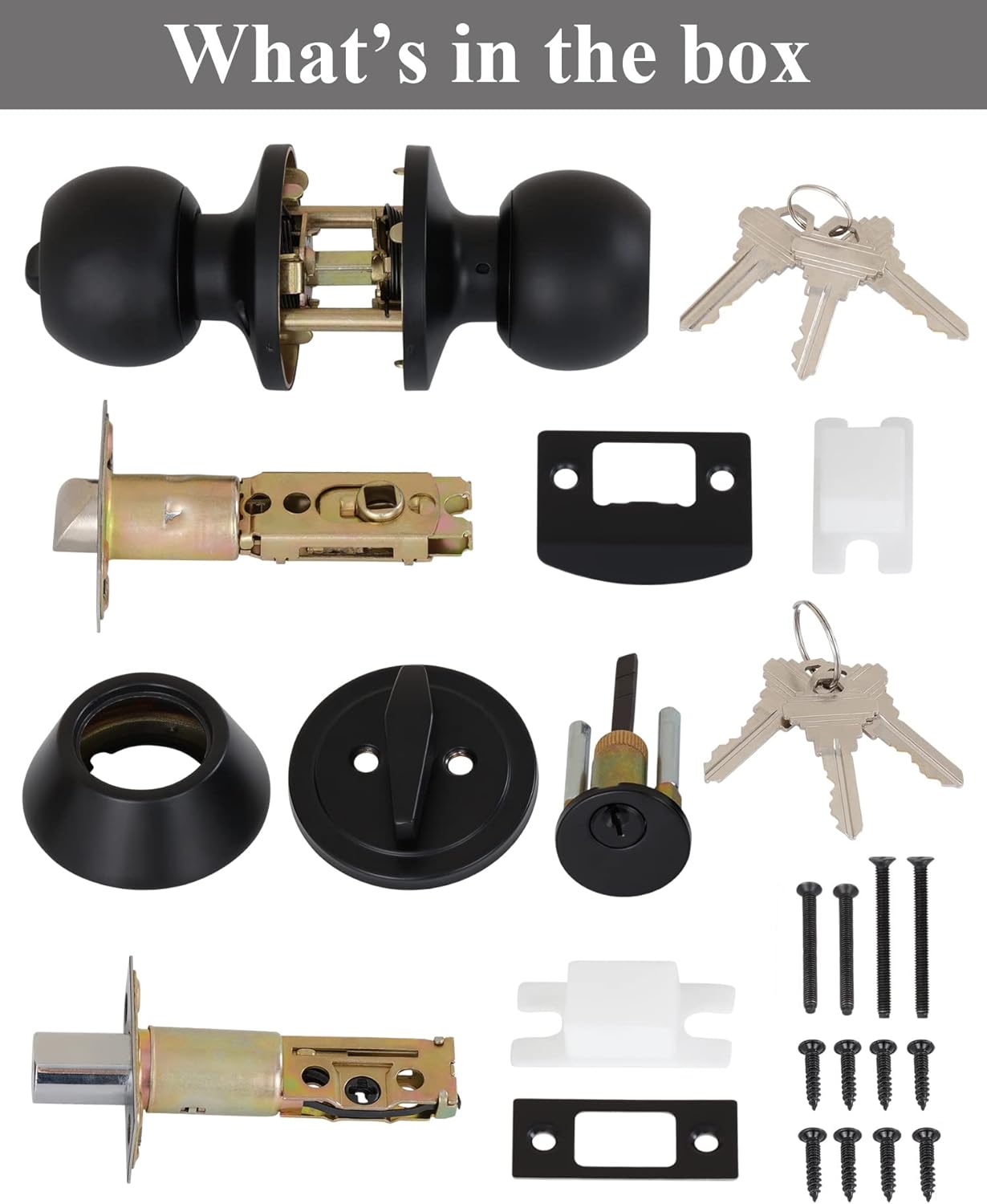 Entry Door Lock Set 4 Knobs 1 Deadbolt Matte Black Durable for Exterior Use