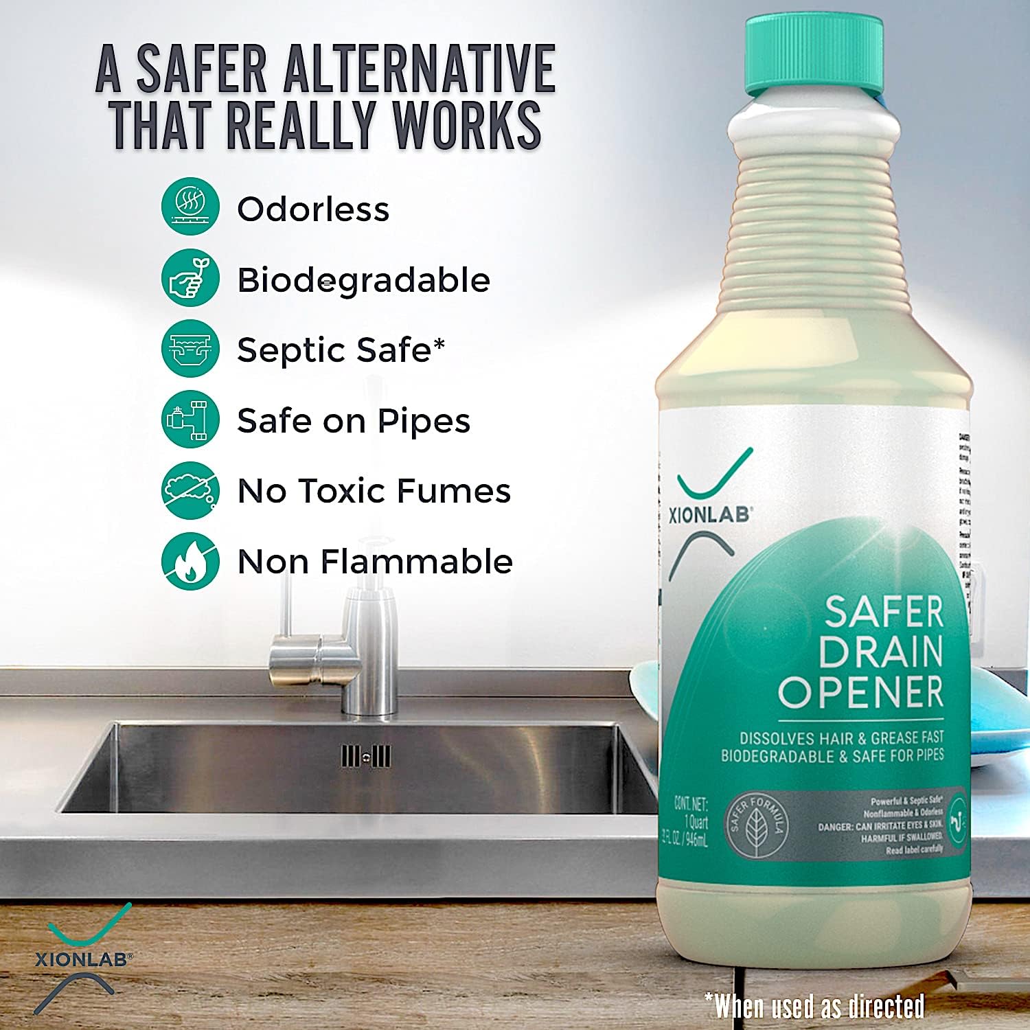 XionLab Safer Greener Drain Clog Remover - Effective for Hair Grease - Septic Safe Odorless Biodegradable 32 oz