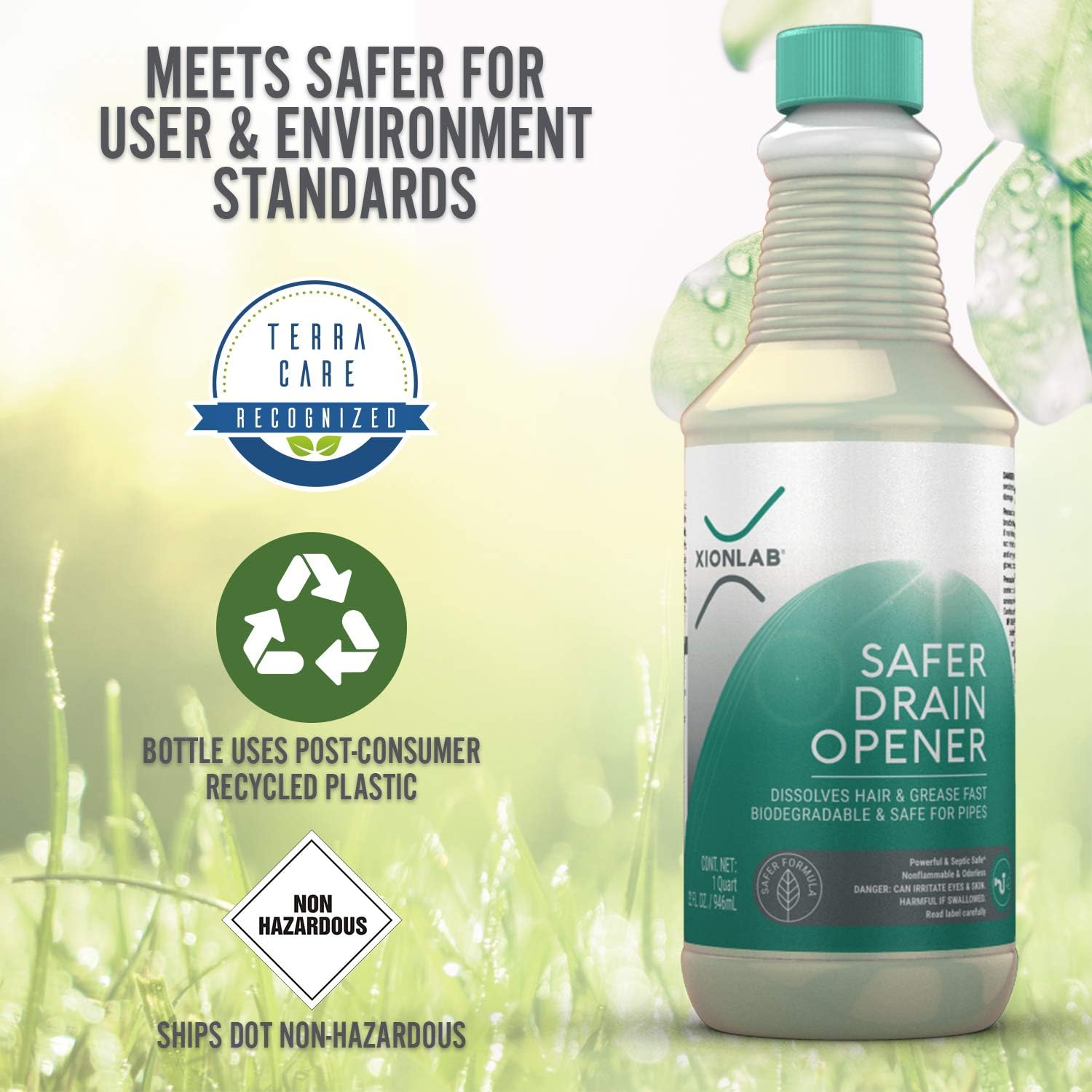 XionLab Safer Greener Drain Clog Remover - Effective for Hair Grease - Septic Safe Odorless Biodegradable 32 oz