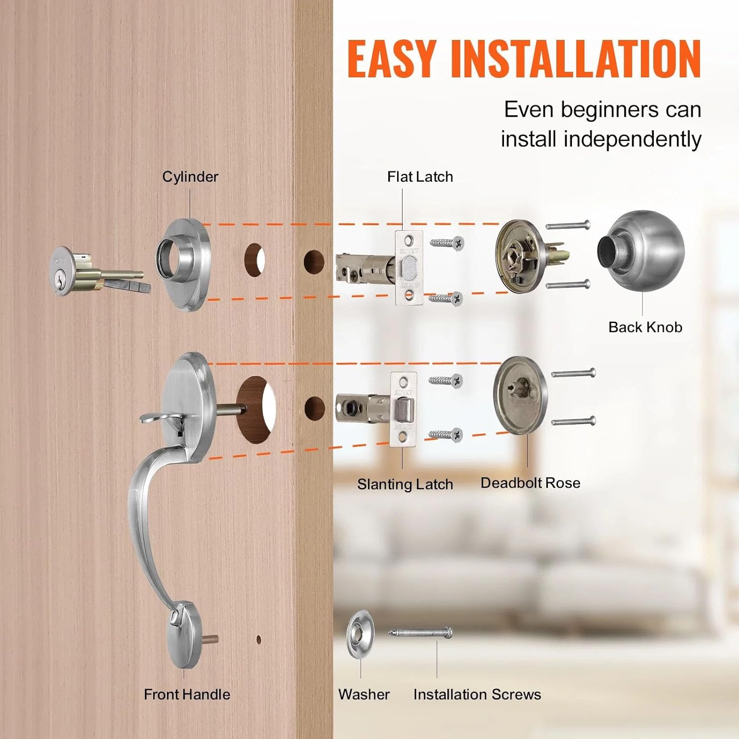 Adjustable Front Door Lock Set with SATIN Nickel Finish for EasyInstallation