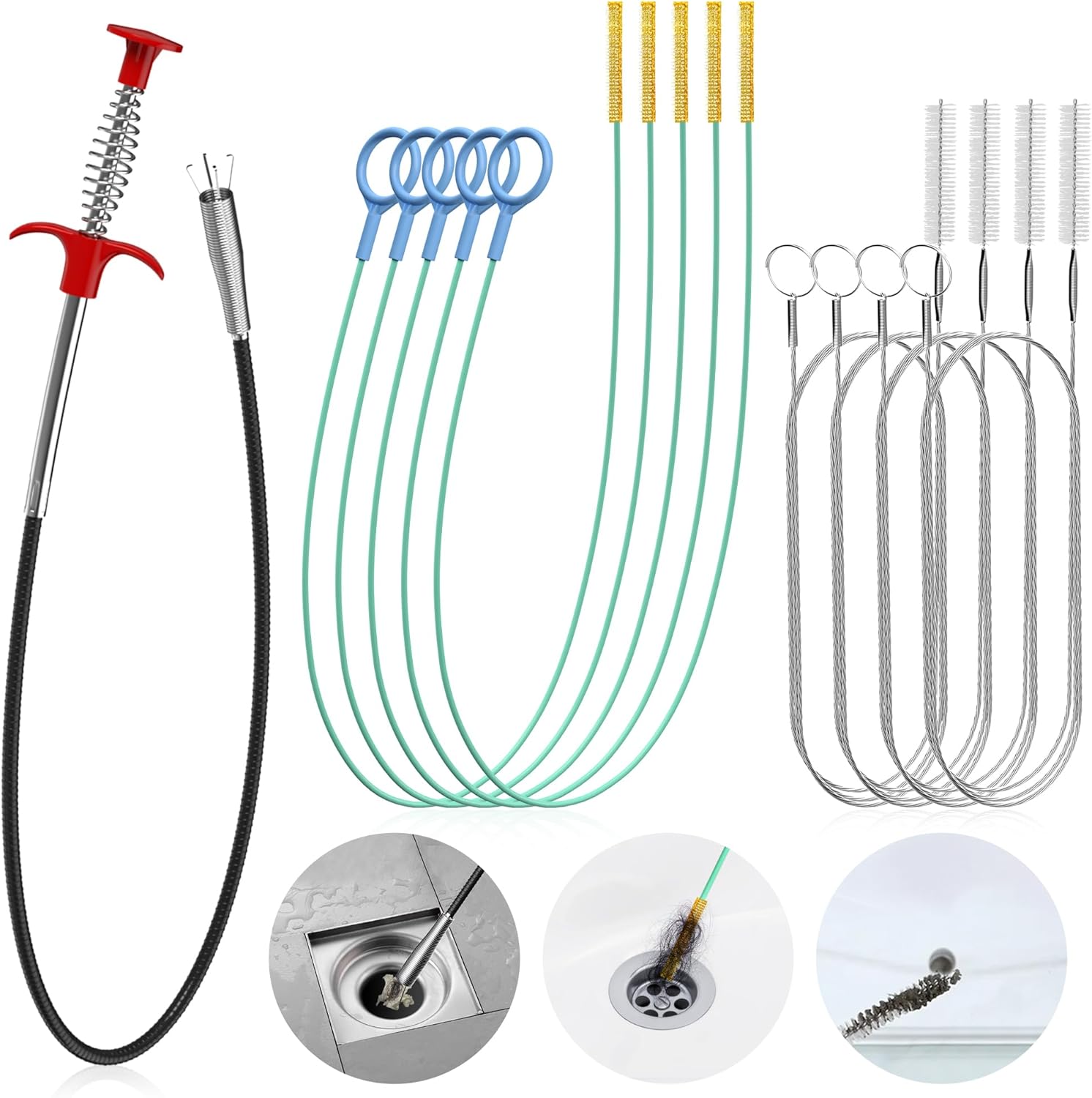 Kellys Collection Drain Clog Remover Set 10-Piece Includes 30 Steel Clog Remover 355 Steel Snake 4-PC 59 Cleaning Brush