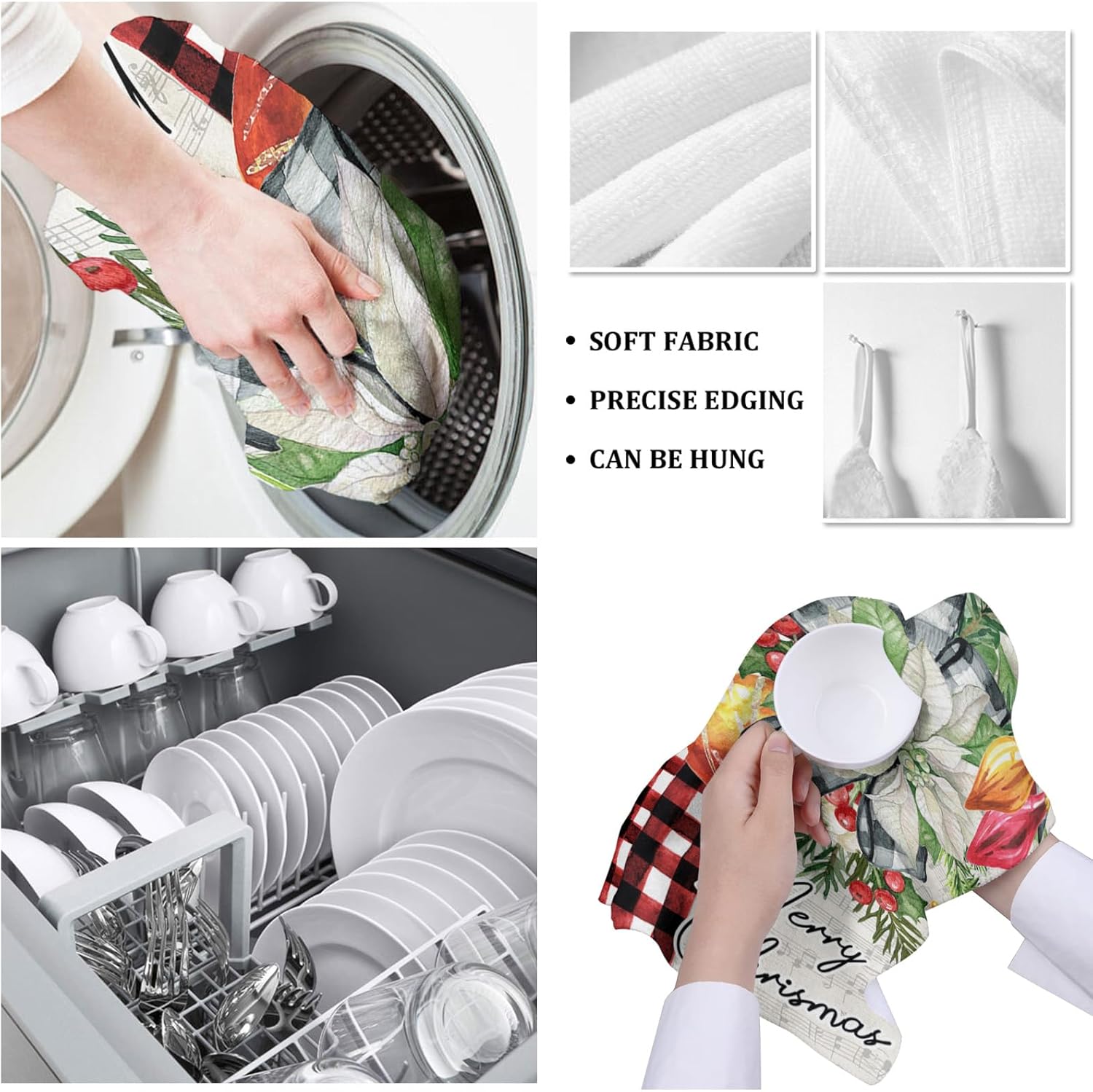 festive Christmas Kitchen Towels - Red Flower Pine Buffalo Plaid - Quick-Dry Microfiber Sets 4-Piece 18x28