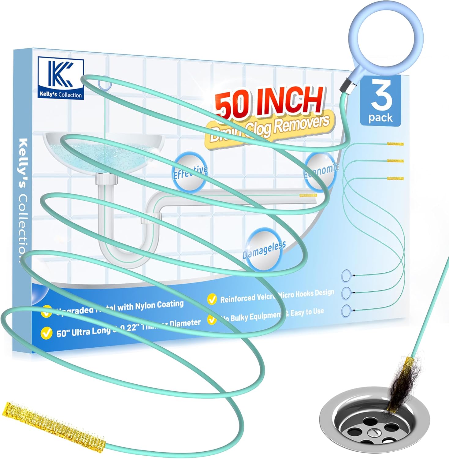 Kellys Collection 3-Piece Drain Snake Set 50 inch Extra Long Metal Snake with nylon coating