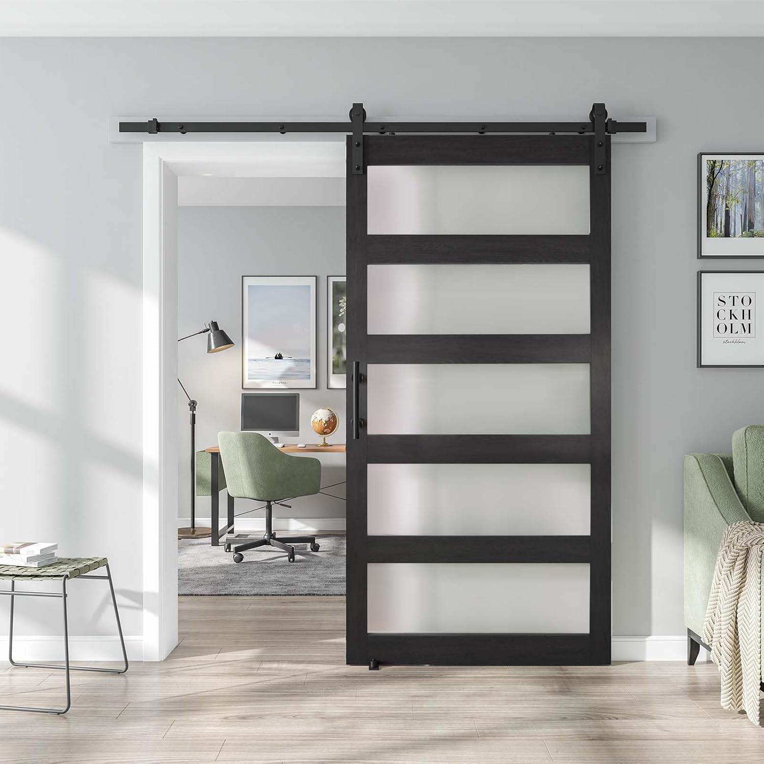 Alamedad 42x84 MDF White Barn Door with Frosted Glass and Handle Easy to Install