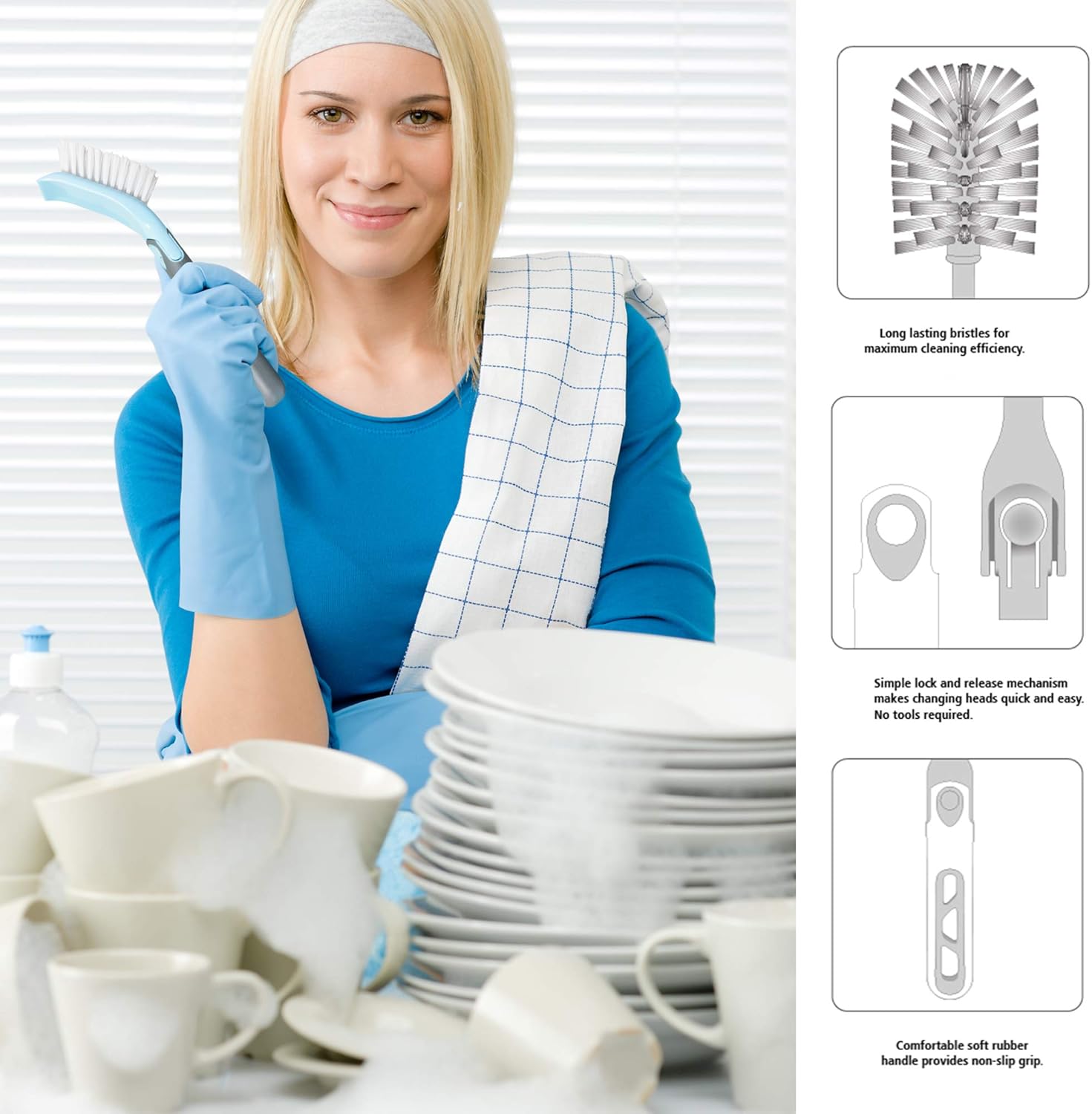 Guay Clean Kitchen Dish Brush Set - 4pc Includes Bottle Rectangular Round Corner Brushes and Bonus Scrub Sponge