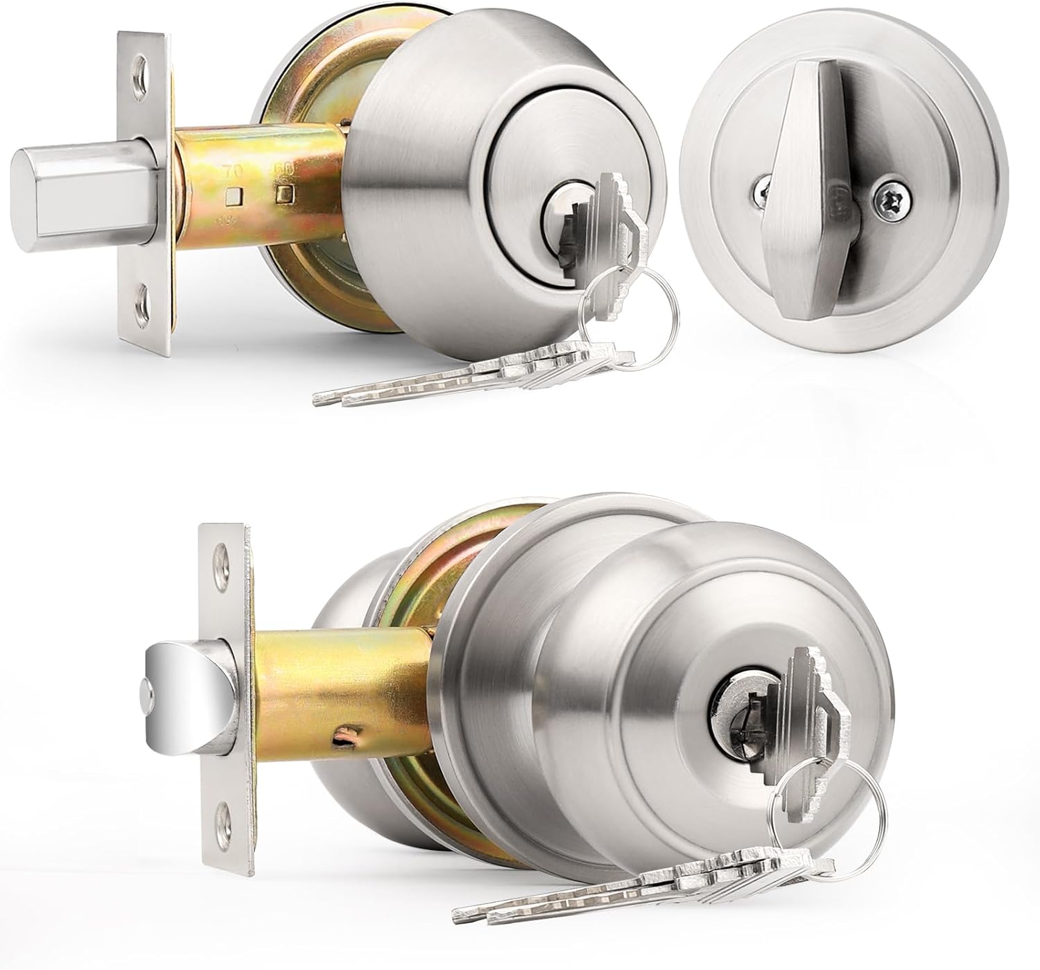 Probrico Keyed Alike Round Ball Entry Door Knob and Deadbolt Set Satin Nickel