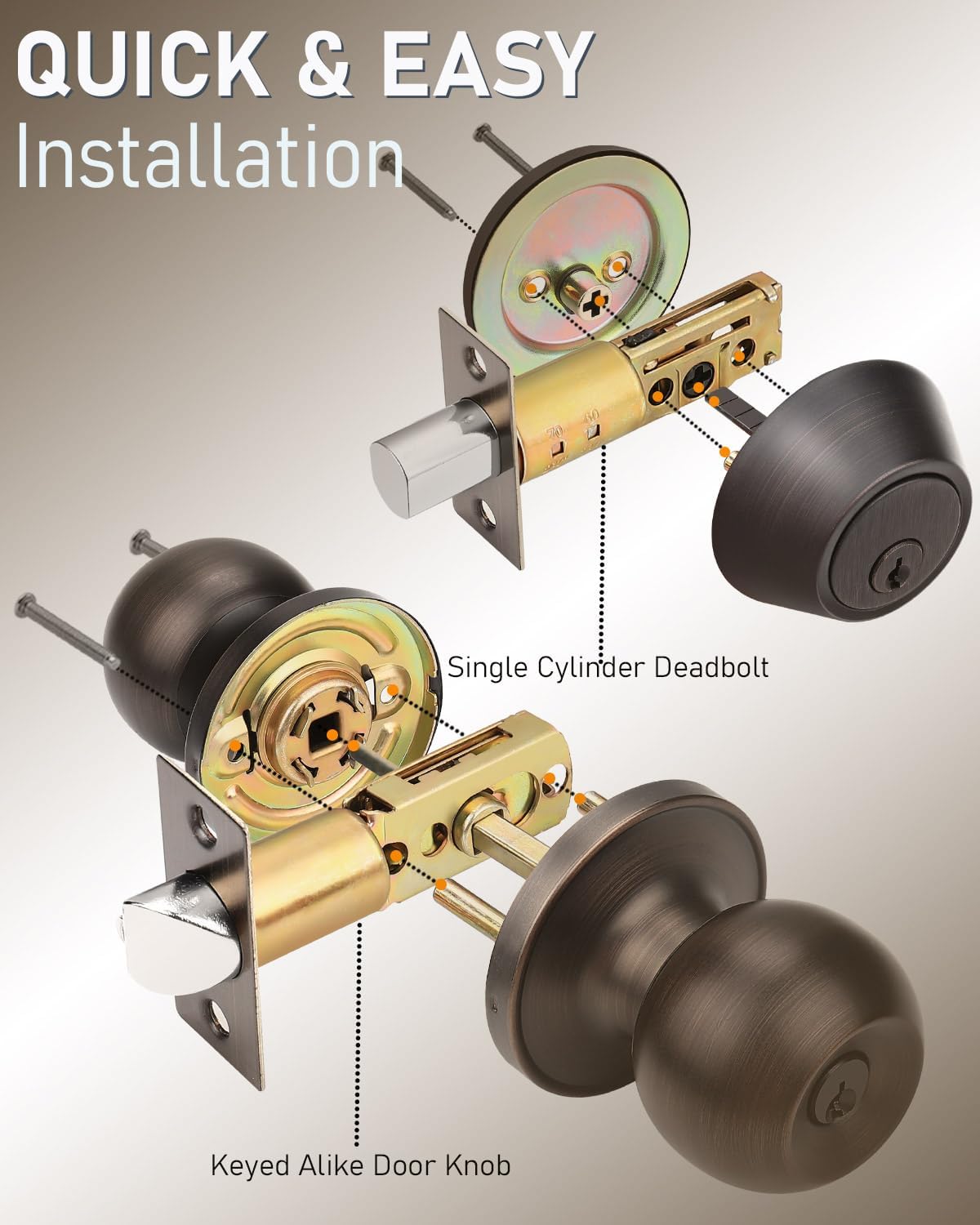 Brotima Entry Door Lockset 3-Piece Oil Rubbed Bronze Deadbolt Set With Keyed Knobs